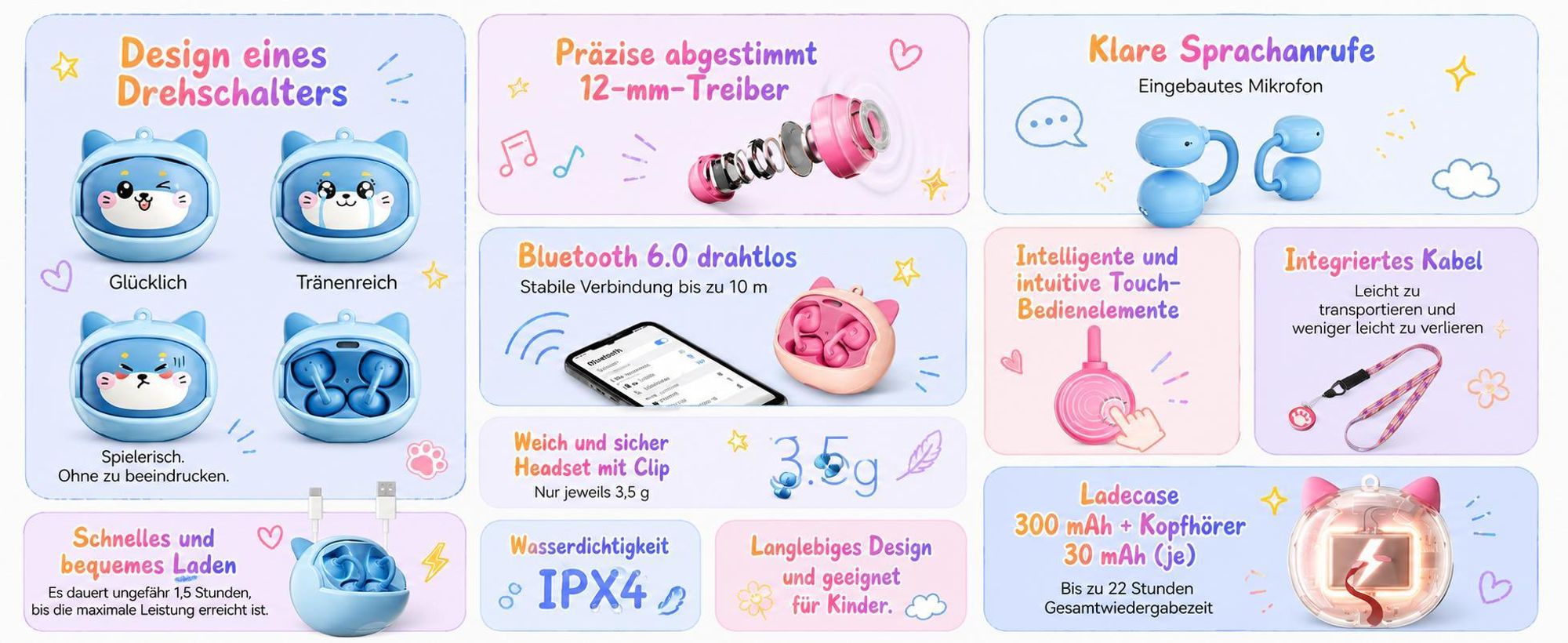 Blackview AirBuds K1 over ear Kinder Kopfhörer, Bluetooth 5.0/6.0, 22 Std. Laufzeit, Gehörschutz, Touch Steuerung, IPX4, fur Schule/Tablet/Handy/PC