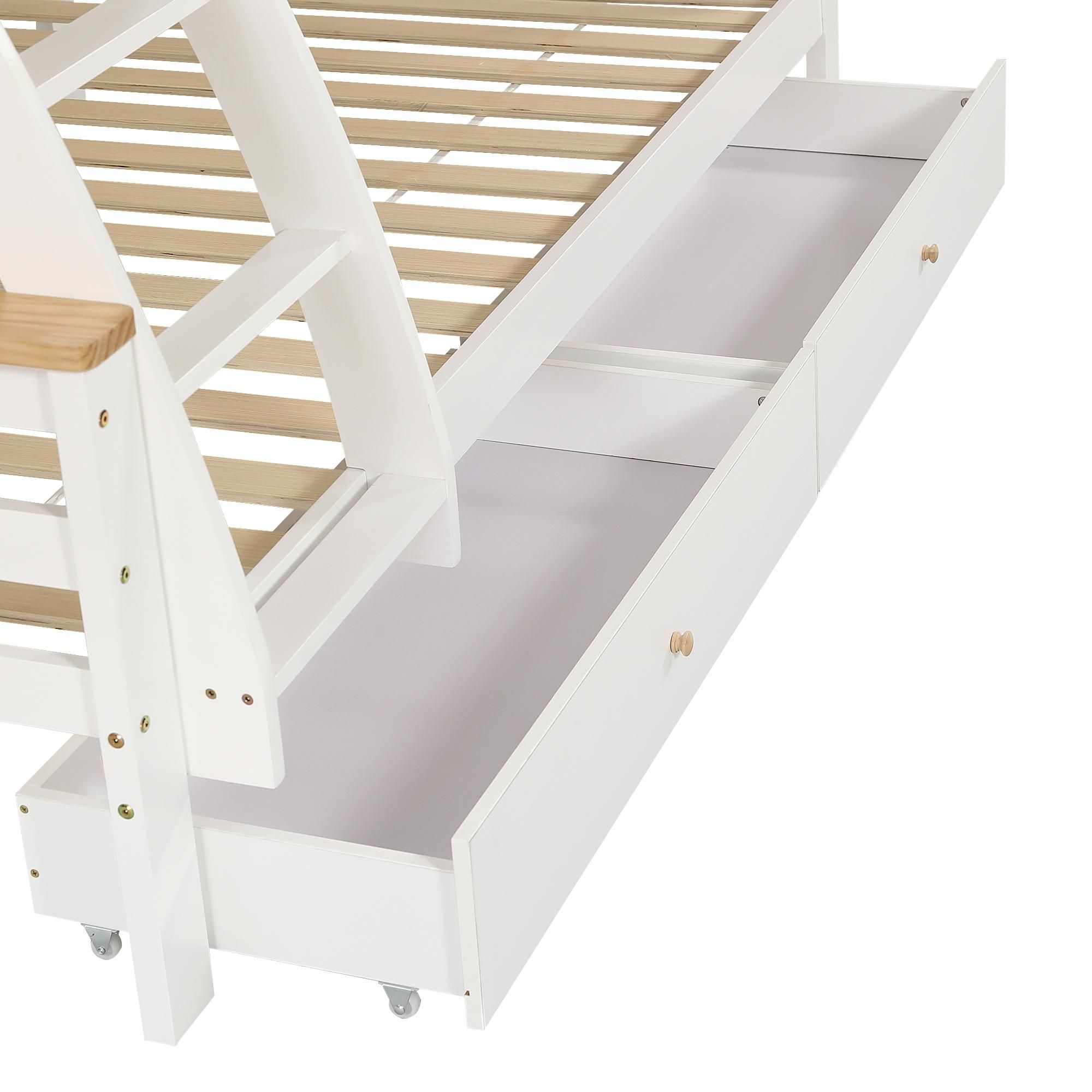 Flieks Etagenbett 90x200cm/120x200cm, Kinderbett Hausbett mit 2 Schubladen und Regal, Hochbett Holzbett Stockbett mit Lattenrost, Naturbelassen