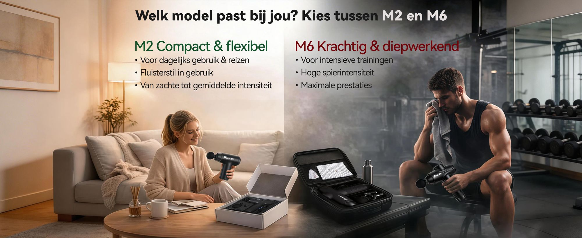 FunLife M2 Mini massagepistool & fasciepistool, 12 mm dieptegang, 6 standen, 4 massagekoppen, USB-C, stil (<45 dB), slechts 0,5 kg, mintgroen