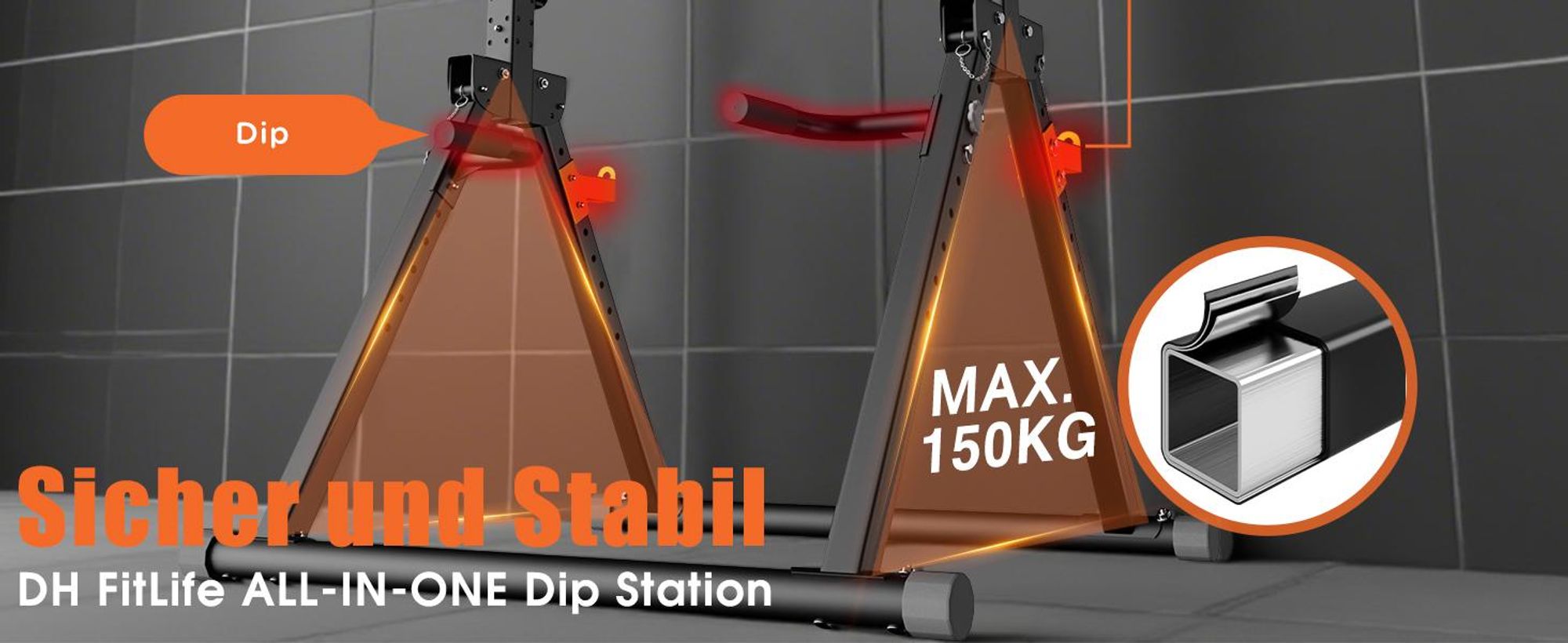 DH FitLife Power Tower Faltbar | Freistehende Klimmzug- & Dip-Station bis 150 kg mit Hantelablagen | Kraftstation Kraftturm für Zuhause