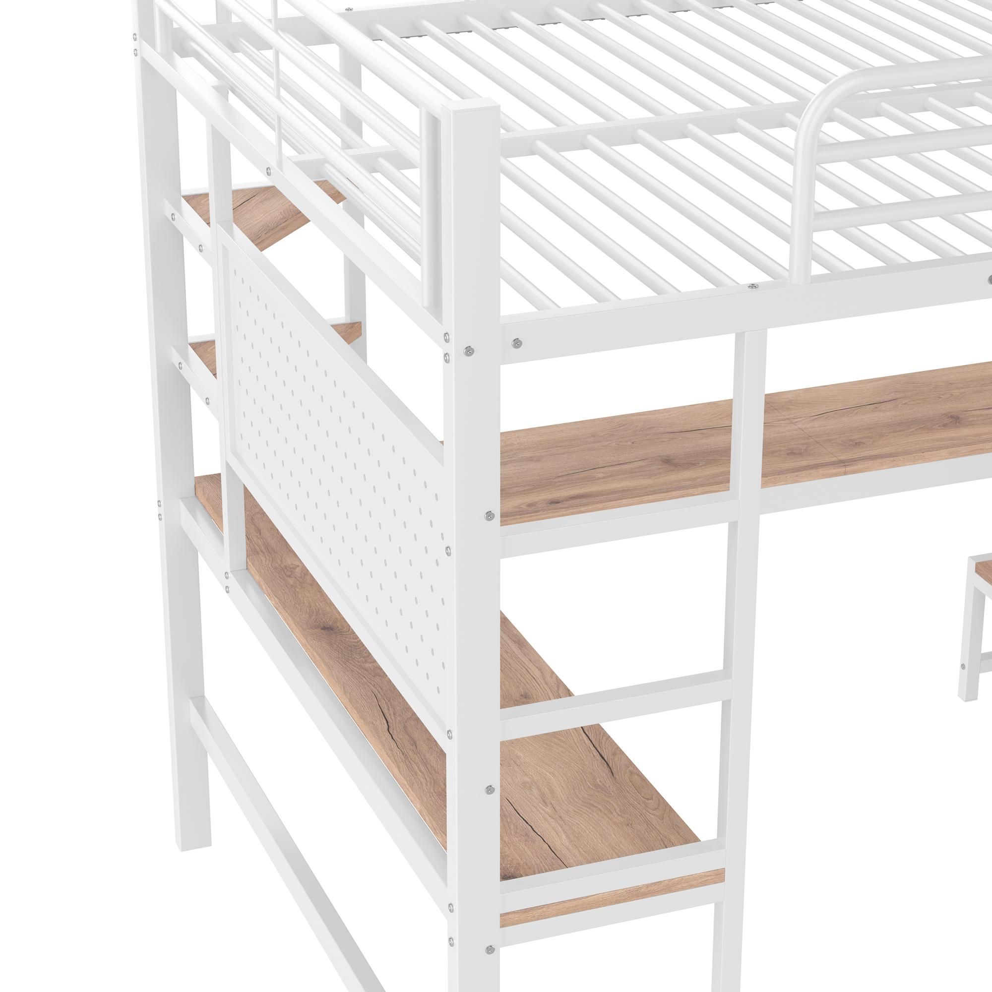 Merax Etagenbett Hochbett 140x200 cm, mit Schreibtisch, Lochbrett, Ablagen, Eisenbett mit LED-Leiste, USB & Type-C, Kinderbett, Stockbett, Weiß