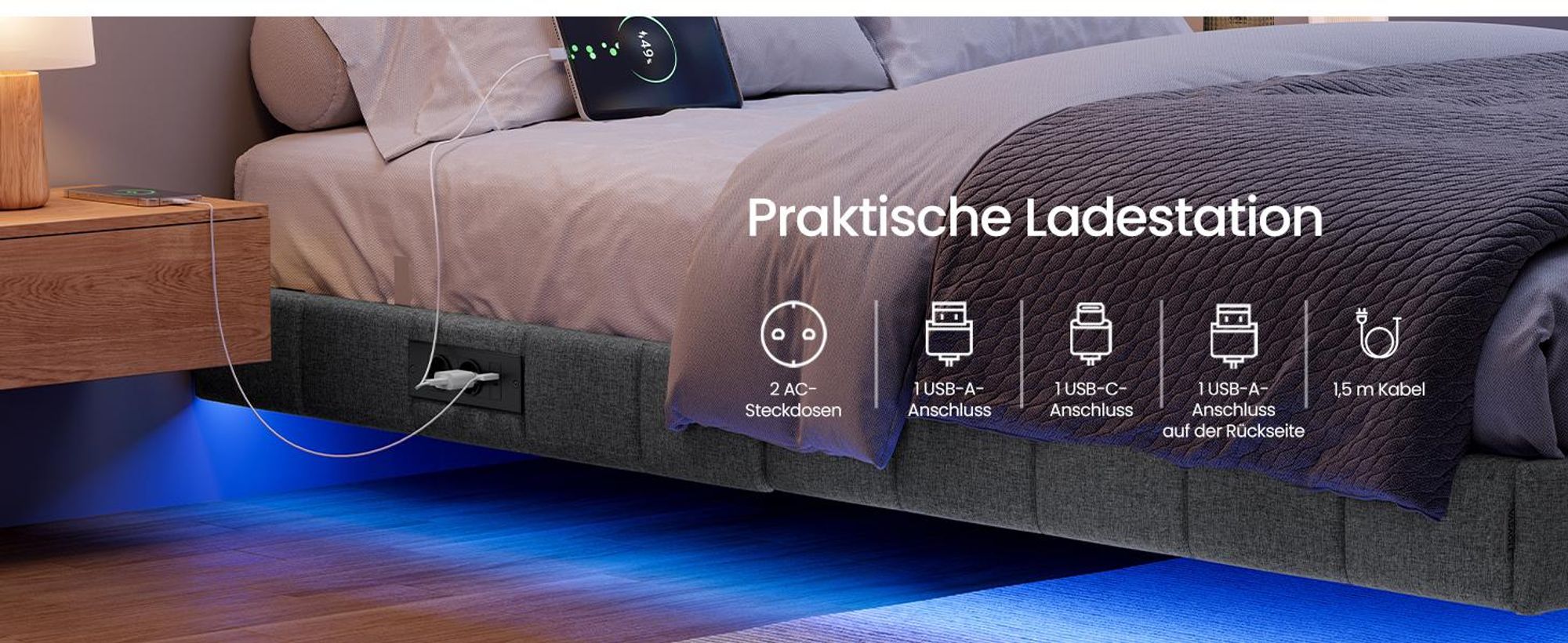 VASAGLE Bettrahmen 180 x 200 cm, mit LED-Beleuchtung, Bettgestell, schwebender Effekt, Steckdosenleiste, grau