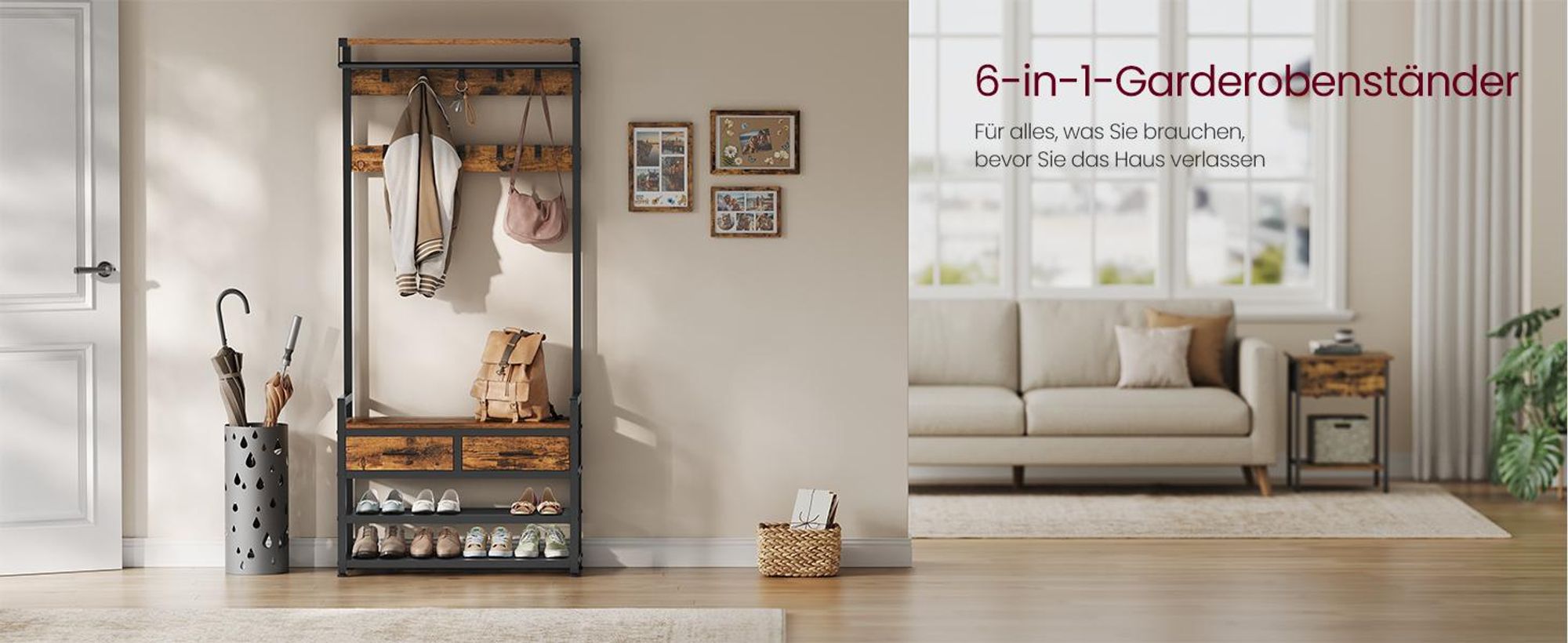 VASAGLE Garderobenständer mit Schuhbank, Garderobe, Schuhaufbewahrung, 2 Schubladen aus Stoff, 10 Haken, 6 seitliche Haken, 30 x 80,4 x 181,6 cm