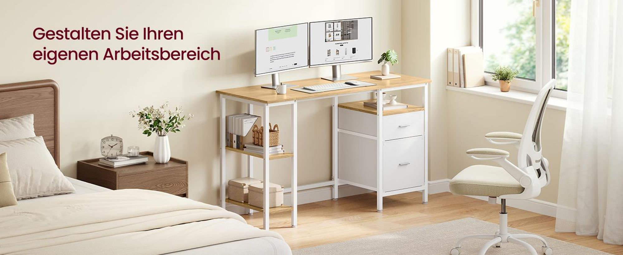 VASAGLE Schreibtisch mit 3 Ablagen, Bürotisch mit 2 Schubladen, 127 x 50 x 76 cm, moderner Stil, eichenfarben-weiß