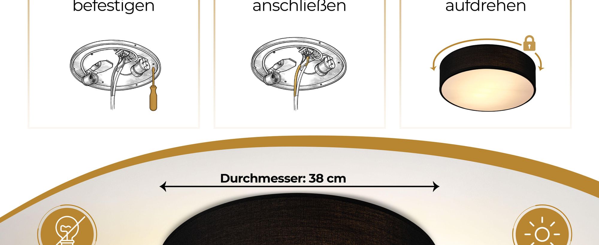 MONZANA® Deckenlampe Stoff Wohnzimmer Schlafzimmer E27 Schwarz 38cm Rund 2-Flammig 40W Lampe Flur Küche Deckenstrahler Deckenleuchte Stoffdeckenlampe