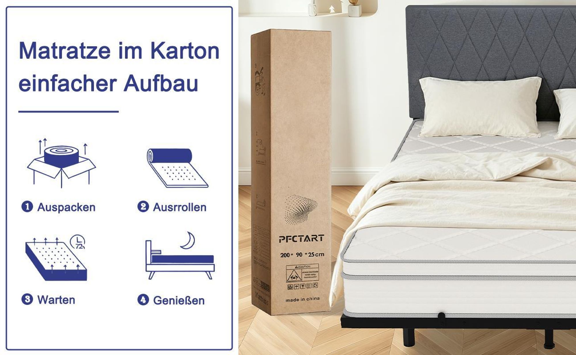 Matratze 90x200 cm, Höhe 25cm,7-Zonen Federkernmatratze , H4, Taschenfederkernmatratze, Premium Taschenfederkern,Matratzen mit Komfortschaum
