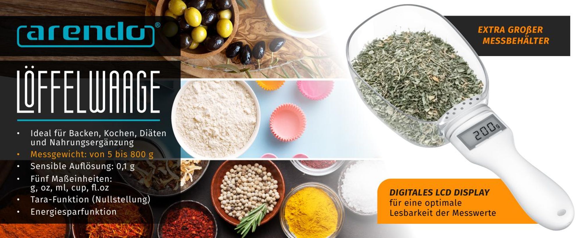 Arendo Löffelwaage digital, Messbereich 5 bis 800 g, fünf Einheiten, LCD-Display