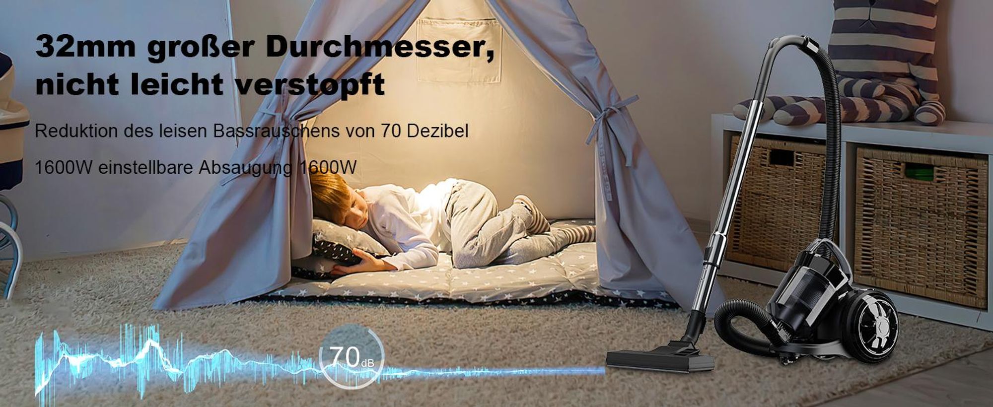 Staubsauger, Bodenstaubsauger, 1600W Beutelloser Staubsauger | 70dB | | HEPA Filter Bodendüse für Parkett, Teppich, Fliesenleistungsstarker
