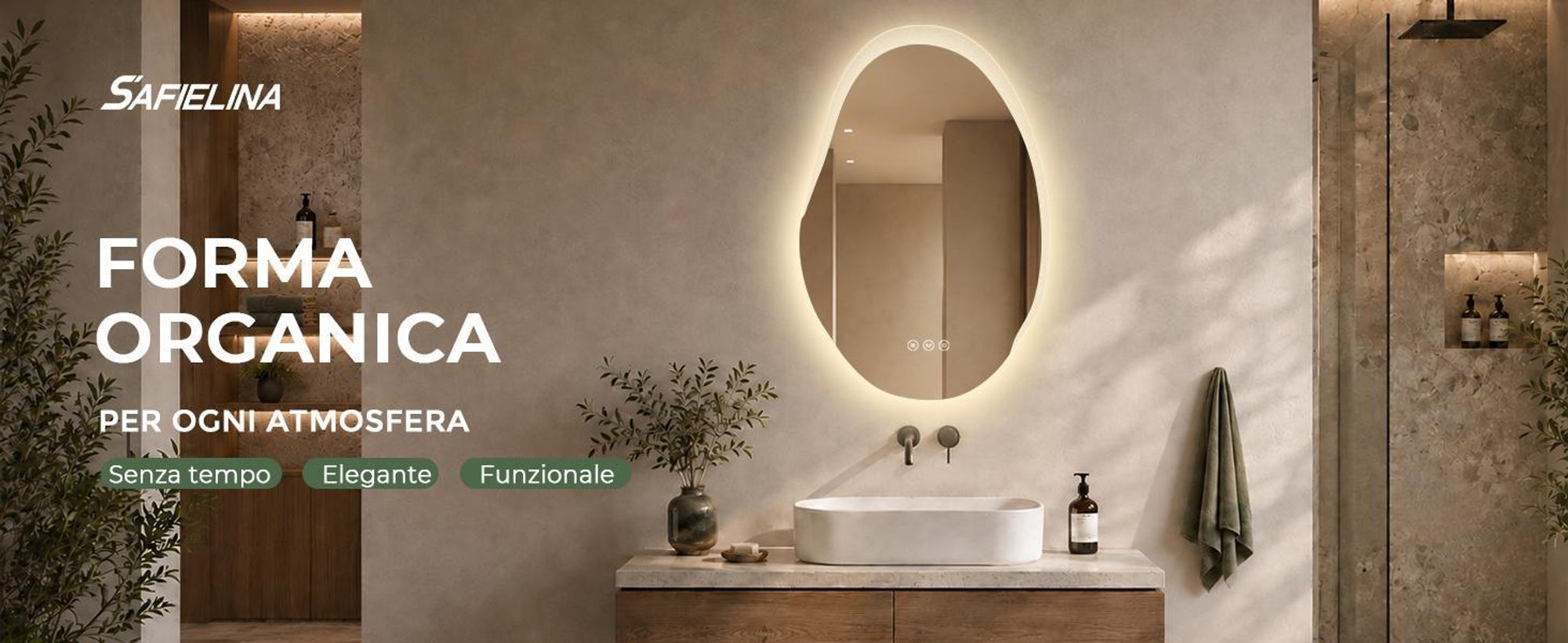 S'AFIELINA Specchio Bagno LED 48 × 72 cm, Asimmetrico, Touch, Senza Cornice,3 colori di luce, dimmerabile, antiappannamento e memoria