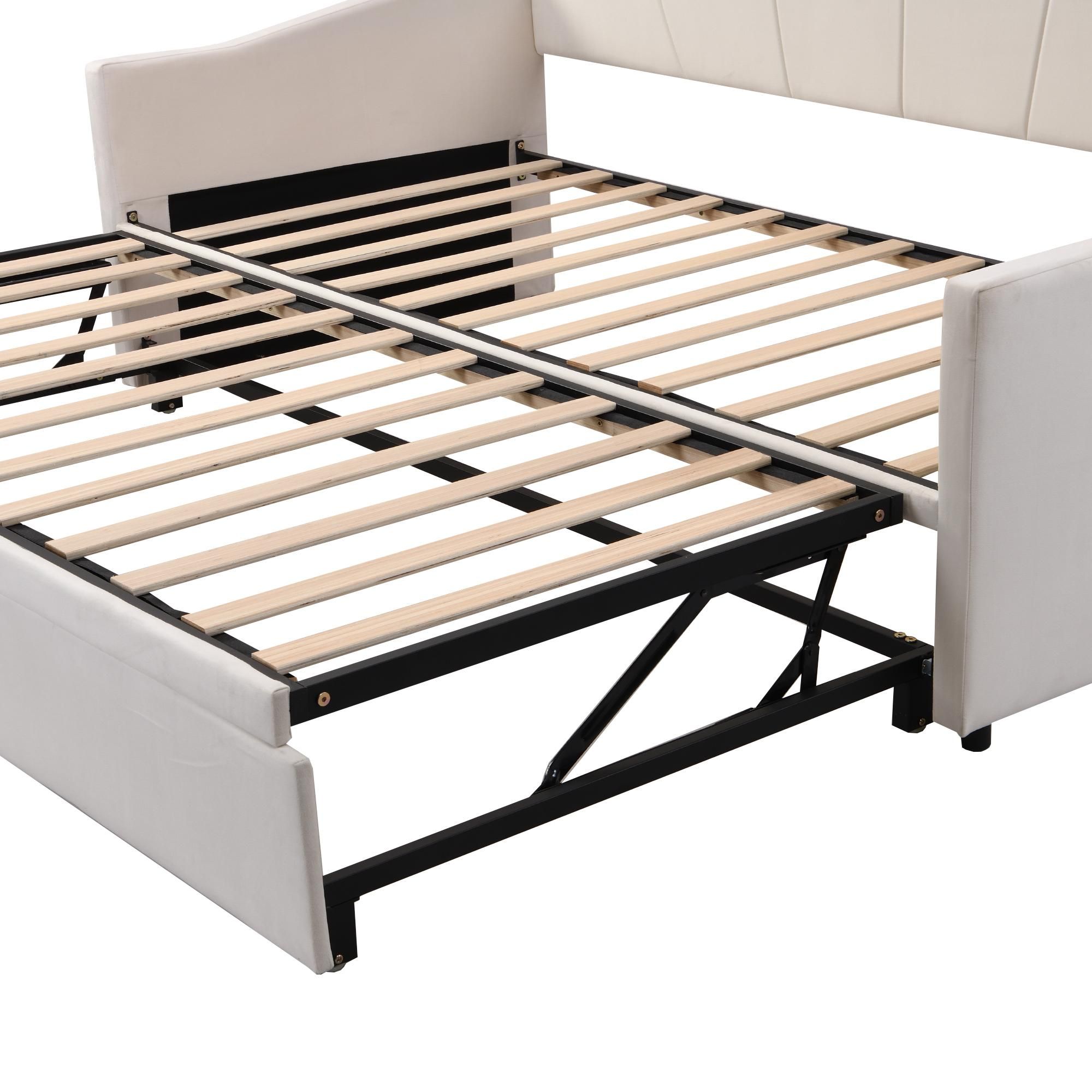 Merax Tagesbett 90x200cm/180x200cm Ausziehbett, Erweiterbares Schlafsofa mit Lattenrost und Armlehnen, Samt Polsterbett Kinderbett Sofabett, Beige