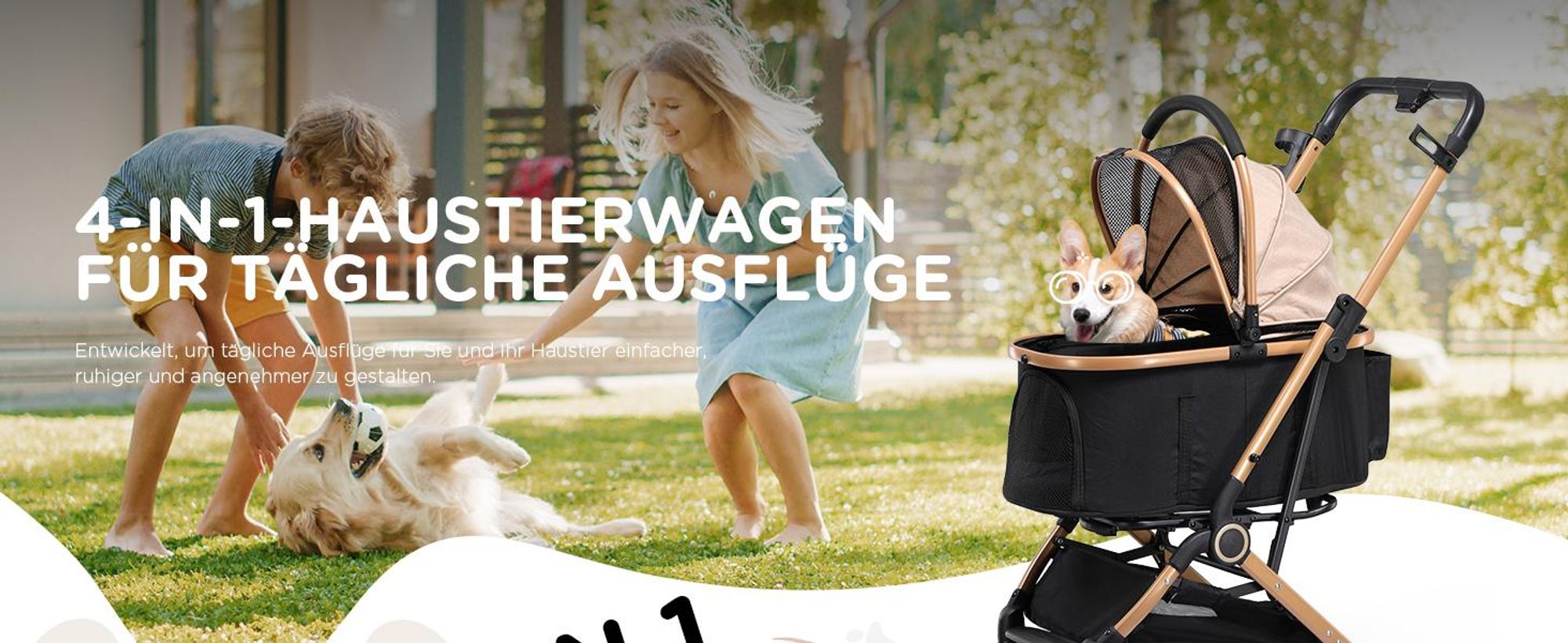 COMHOMA Hundebuggy klappbar bis 25KG, 360°schwenkbares EVA-Vorderrad und Hinterradbremsen, 4-in-1 Hundewagen, Faltbar Katzenwagen Gold