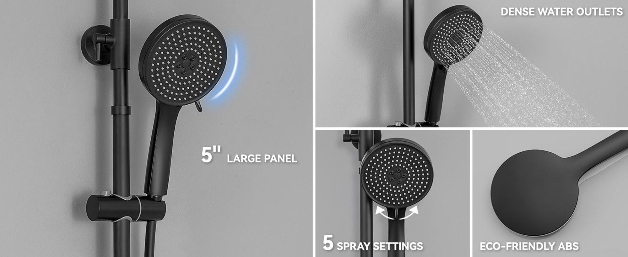 Auralum Duscharmatur Komplettset, Edelstahl mit Thermostat Armatur, 30 CM Regendusche, 5 Strahlarten und Höhenverstellbarer Duschstange (Schwarz)