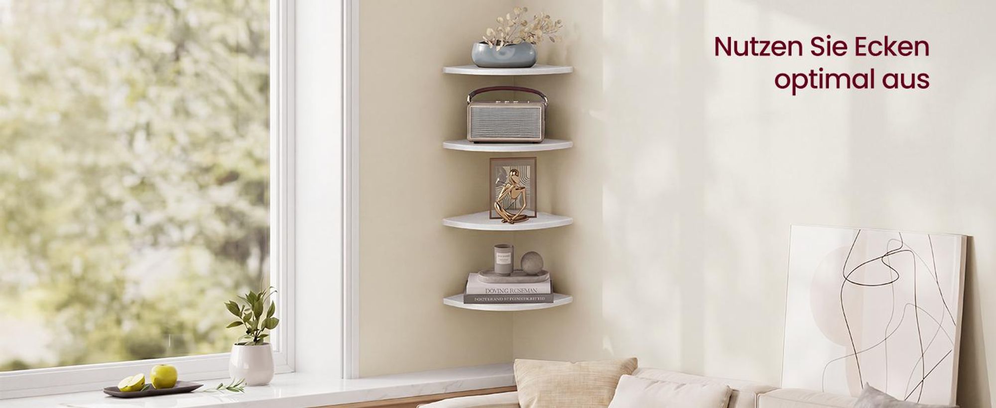 VASAGLE 2er Set Eckregal, Fächerförmiges Schweberegal für Schlafzimmer, 20 x 20 x 1,2 cm, Weiß