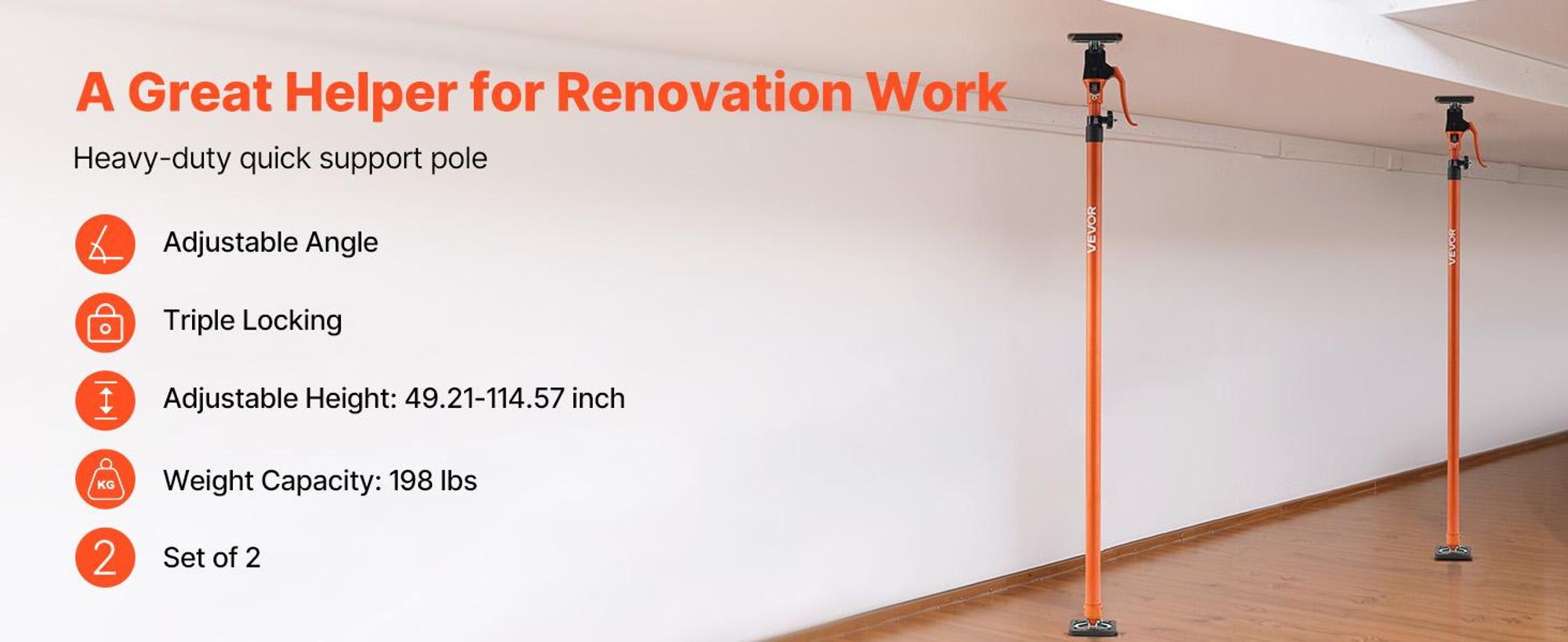 VEVOR Einhandstütze, 2 Stk., Deckenstütze 125–291cm, Teleskopstütze aus Stahl, Montagestütze bis zu 90kg Kapazität zum Installieren von Schränken, Anheben von Trockenbauwänden, Frachtstangen