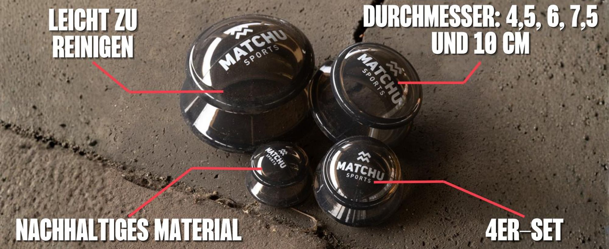 Matchu Sports Schröpfgläser aus Silikon – 4er Schröpfen-Set in 4 Größen – Massage- und Cellulite-Cups für Gesicht und Körper – Dunkelgrau