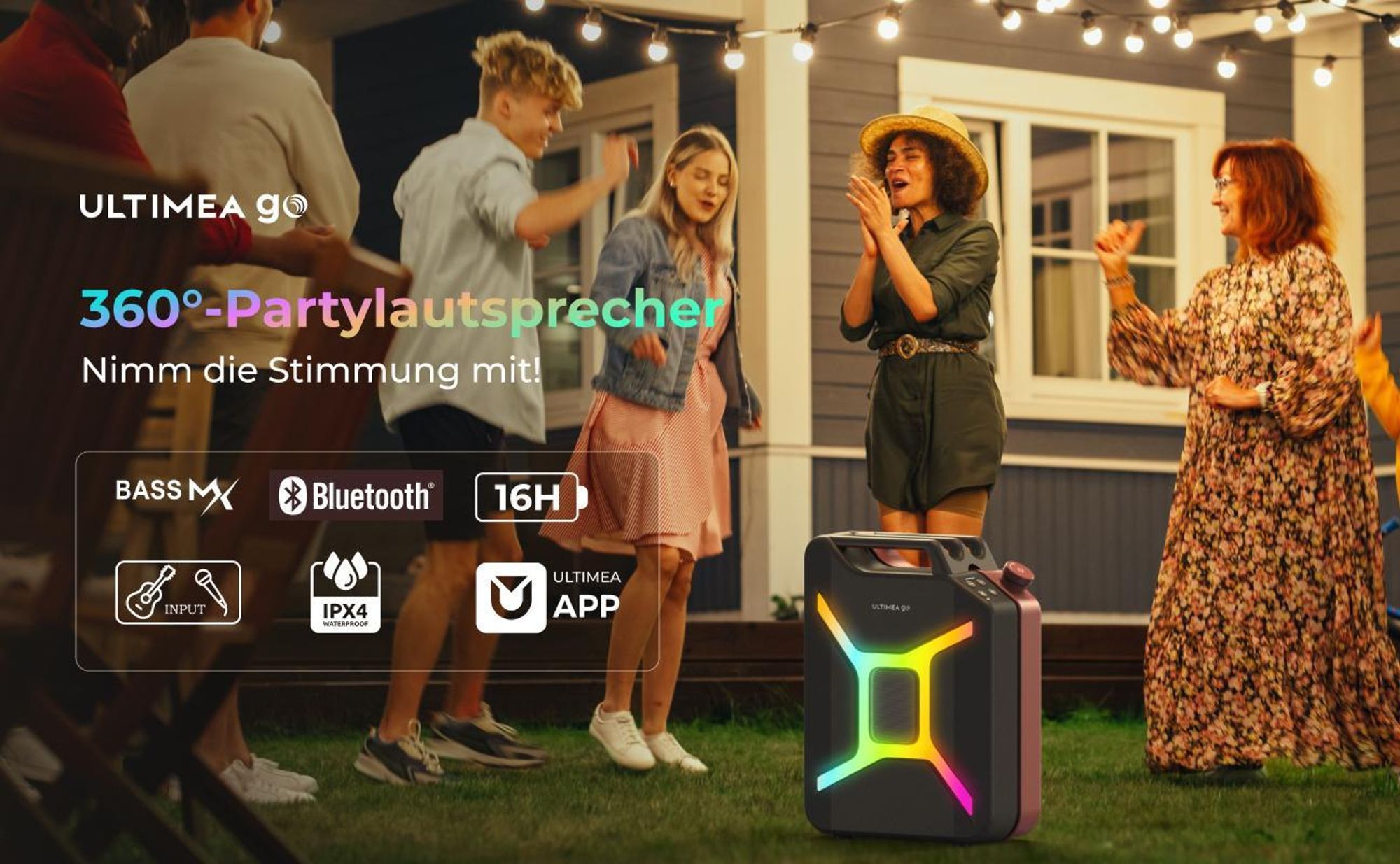ULTIMEA Go tragbarer Party-Lautsprecher, 300 W Bluetooth PartyBox mit Bass-Boost, RGB-Beleuchtung, Mikrofon-/Gitarreneingang, Party & Outdoor, Rot