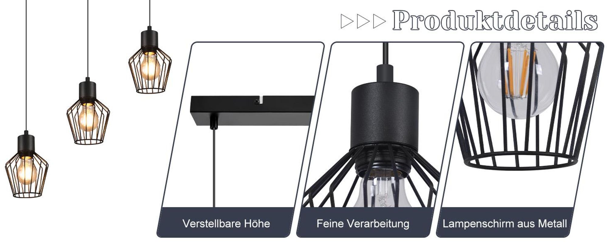 ZMH Pendelleuchte Esstisch 3 Flammig Schwarz Hängeleuchte E27 Hängend Lampen Metall Lampenschirm Hängelampe Industrie für Küche Schlafzimmer