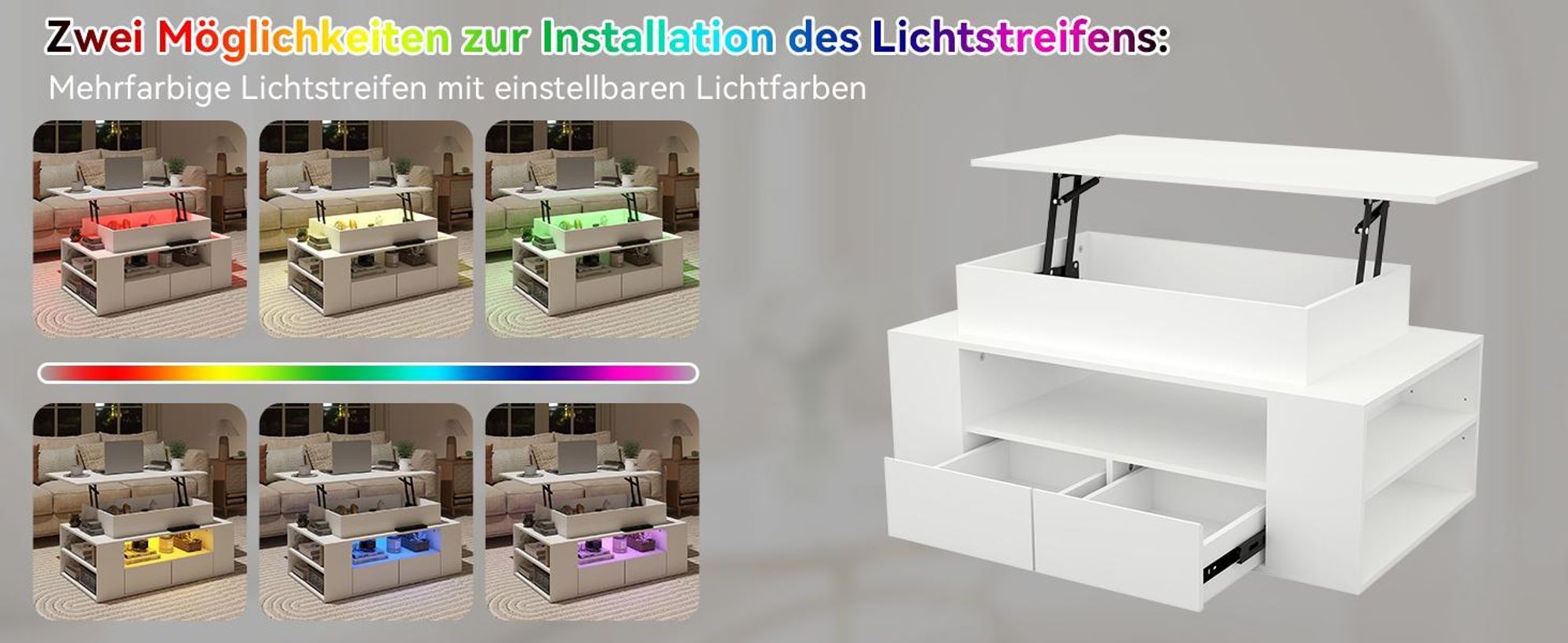 Puluomis Couchtisch mit Schublade, Abhebbarer Tischplatte, RGB Lichtleiste mit App Steuerung Kaffeetisch Schreibtisch Sofatisch für Wohnzimmer weiß