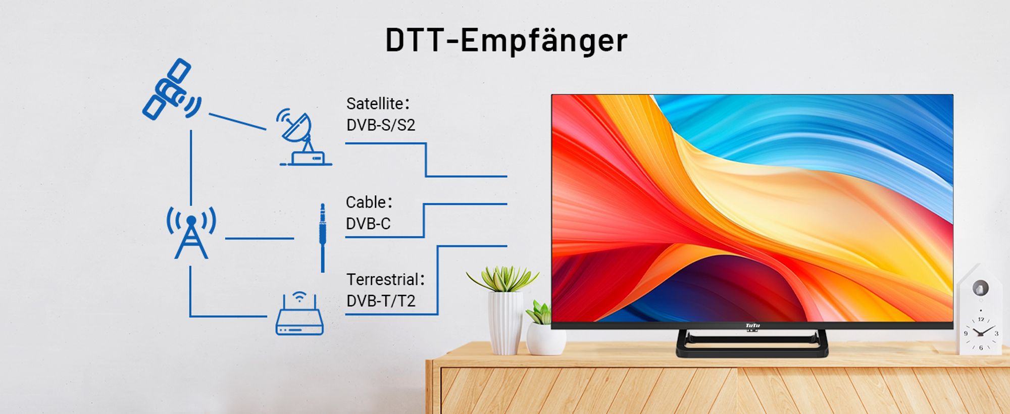 TuTu Standard TV - LED HD - 32 Zoll/82 cm - Randlos Design - Mittelfuß - Tripple Tuner DVB-T/T2/S/S2/C - HDMI x3, USB x2, CI+ - Montiert in Eindhoven - TUB32HN1NC