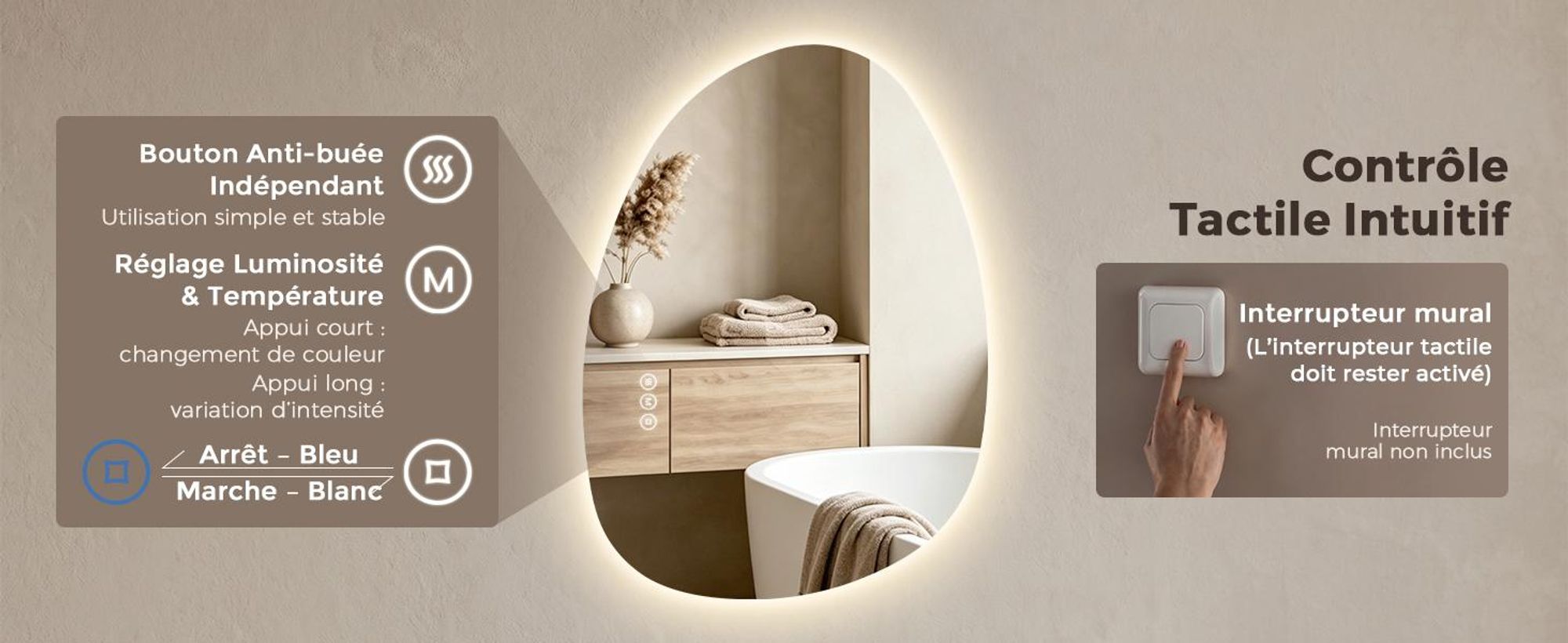S'AFIELINA Miroir LED de Maquillage pour Salle de Bain – Anti-buée, Éclairage 3 Couleurs Réglables & Interrupteur Tactile, 50×85 cm