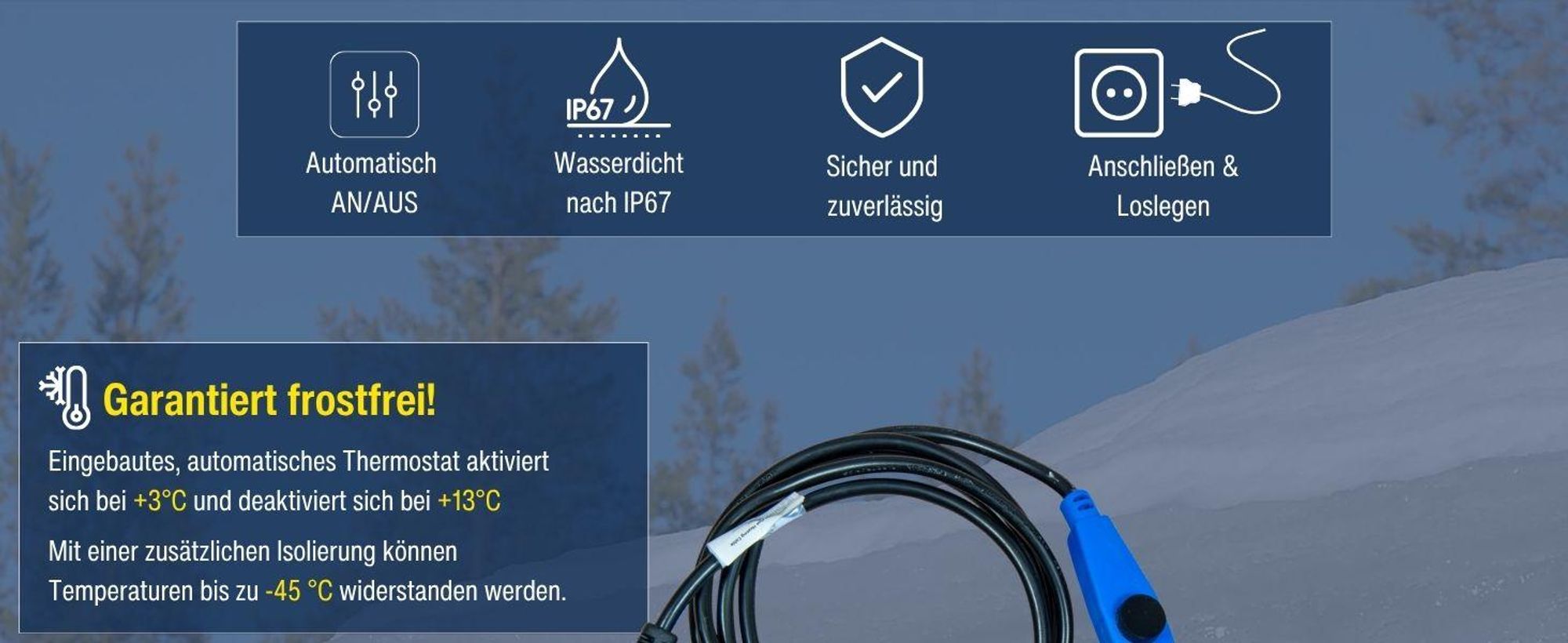 horizont Frostschutz-Heizkabel 230 V – 4 m - Heizband mit Thermostat für Wasserleitungen, frostfrei bis -45 °C