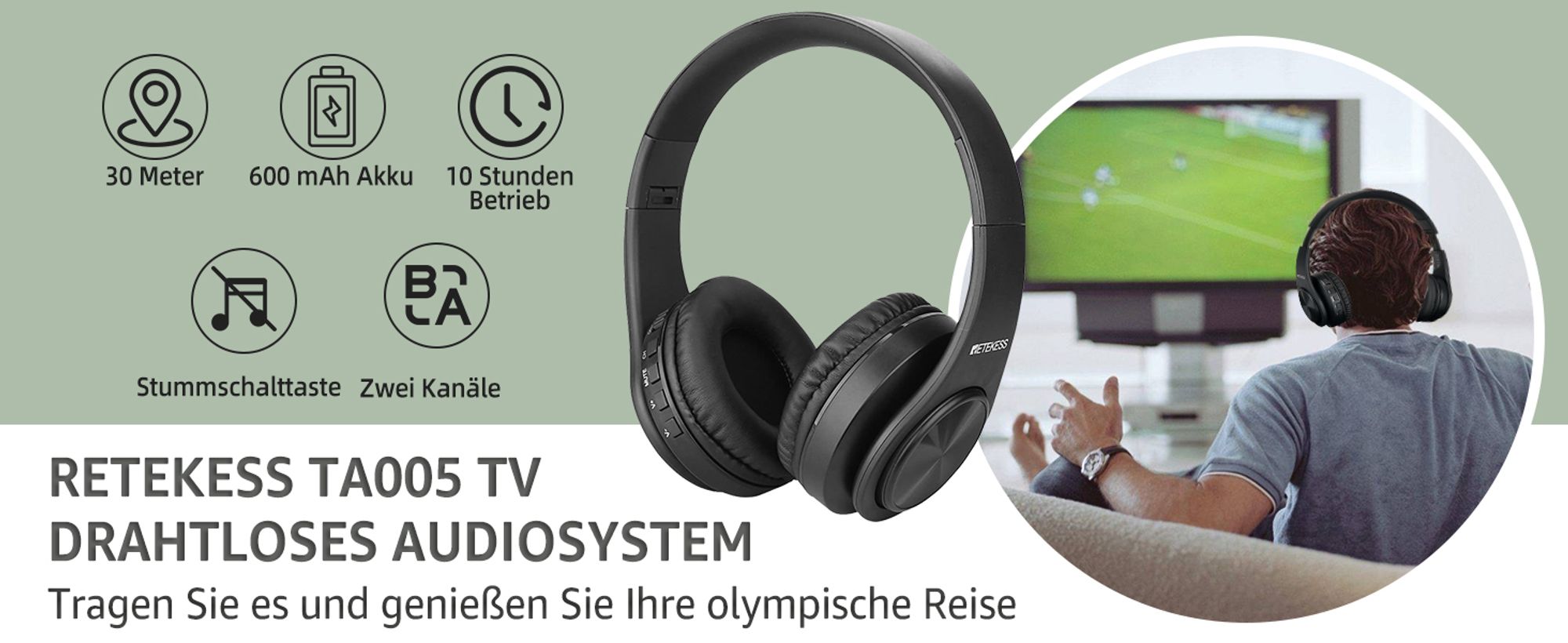 Retekess TA005 Słuchawki bezprzewodowe, Wbudowany akumulator, Obsługa wejścia stereo, AUX i RCA, Słuchawki dla seniorów, rodziców