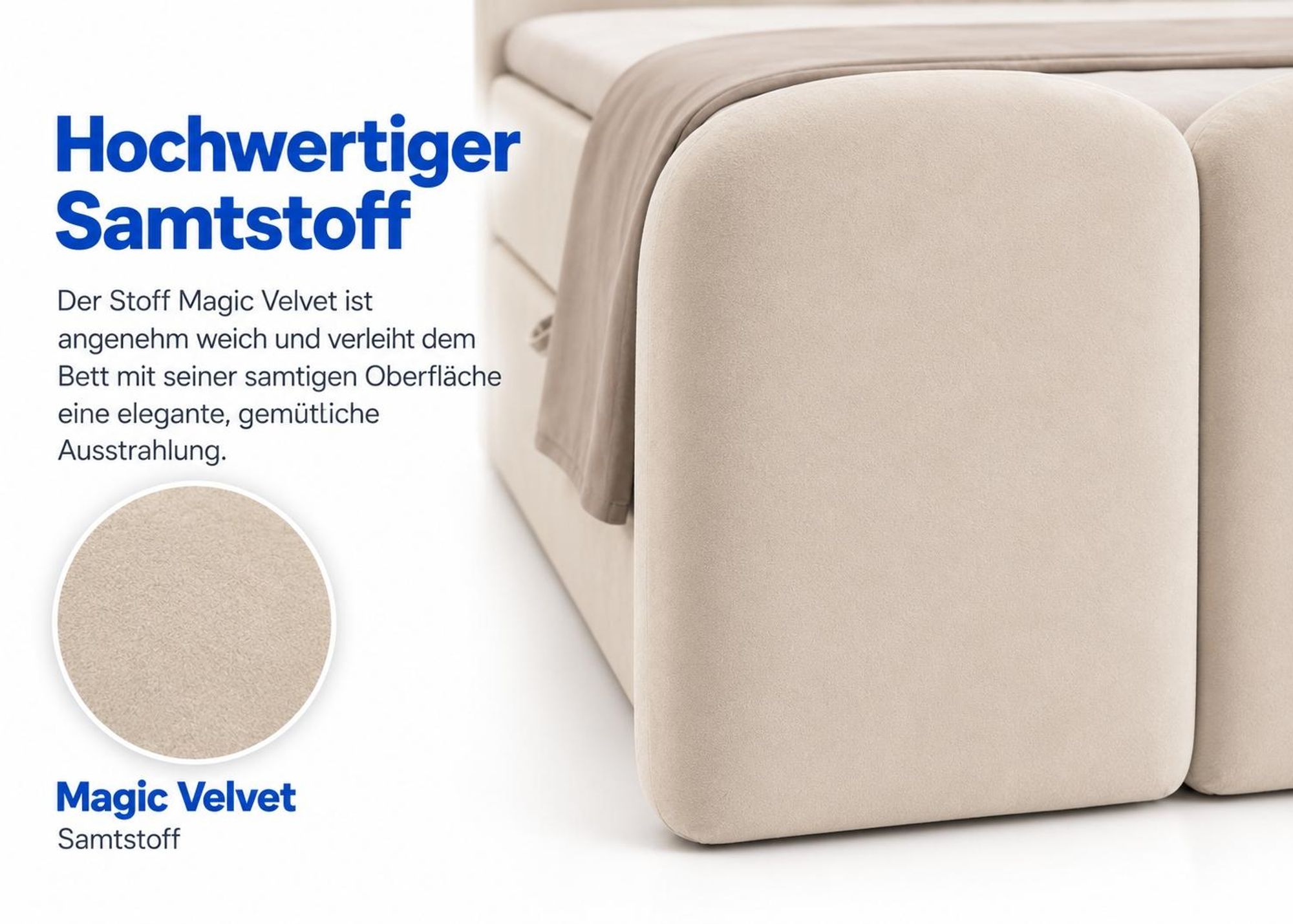 Nahaufnahme des ROYAL-Fußteils mit Samtstoff Magic Velvet und rundem Stoffdetail