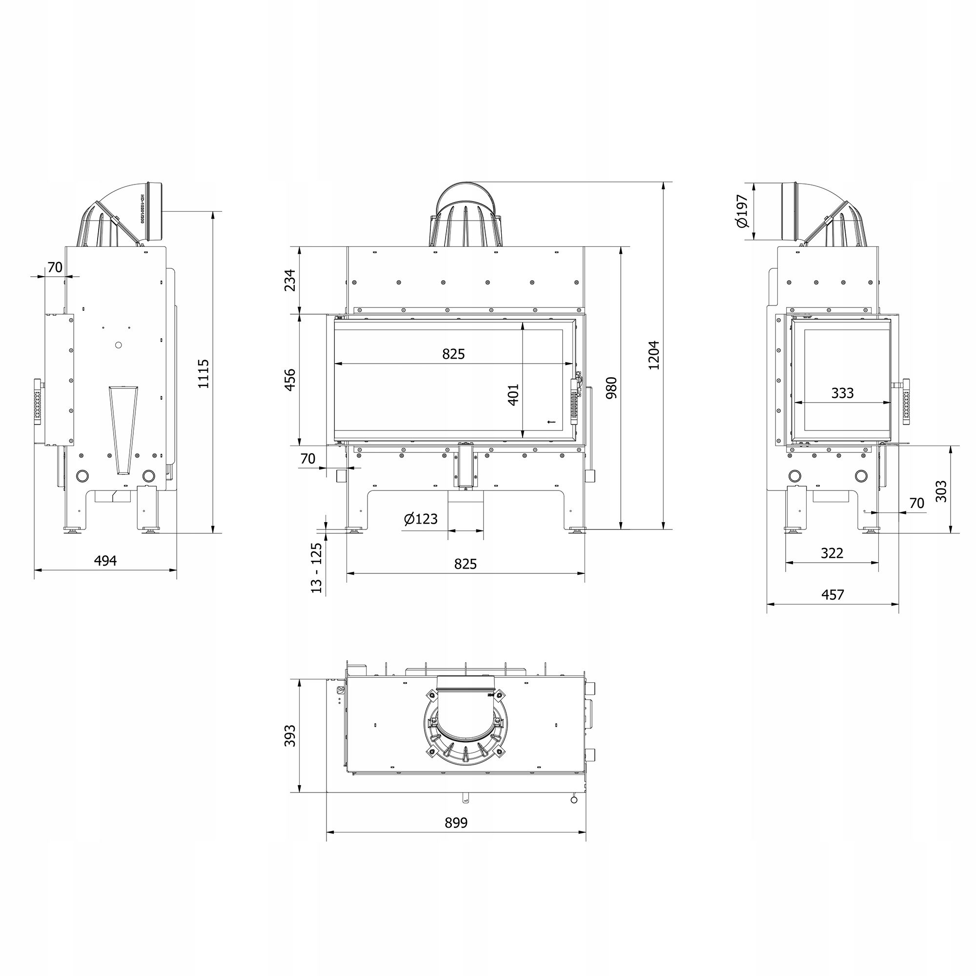Kamineinsatz Kamineinsatz KRATKI FLOKI L Links 12kW KOMPLETTSET zum EINBAU Ø 200