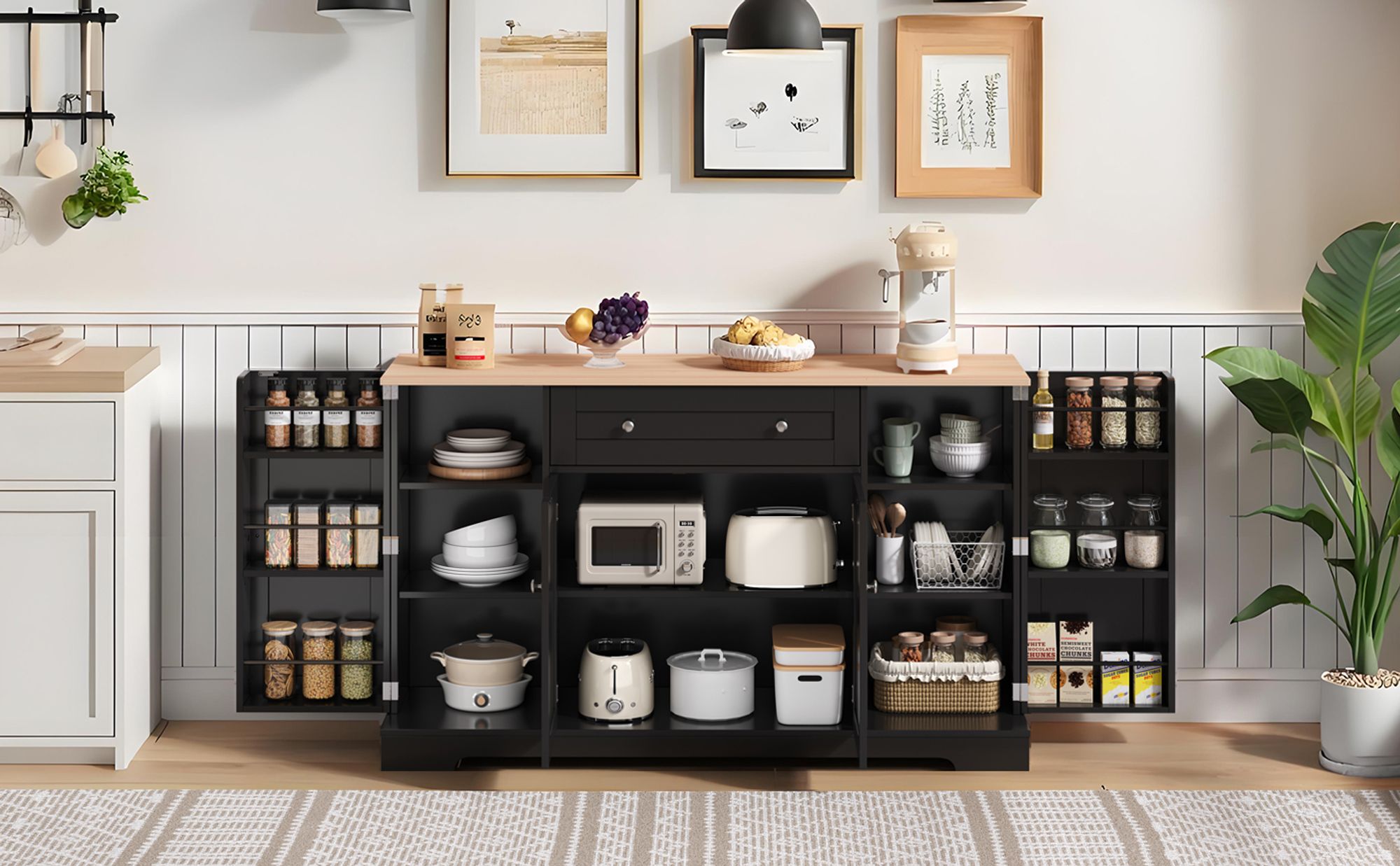 Flieks Sideboard Küchenschrank, Anrichte Küchenbuffet mit verstellbare Ablagen, Aufbewahrungsschrank für Küche, Wohnzimmer, Esszimmer, Schwarz