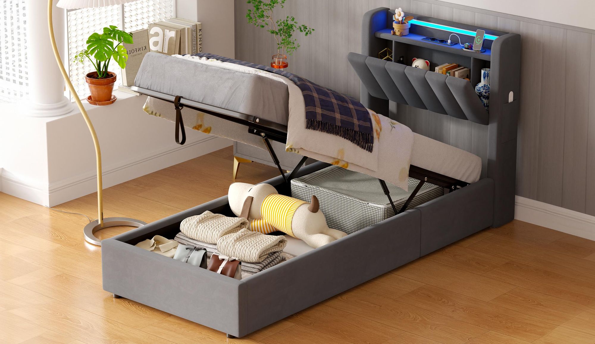 MODFU Boxspringbett Jugendbett 90x200 mit LED und Steckdosen,Polsterbett mit Bettkasten,Stauraumbett,ohne Matratze,Grau