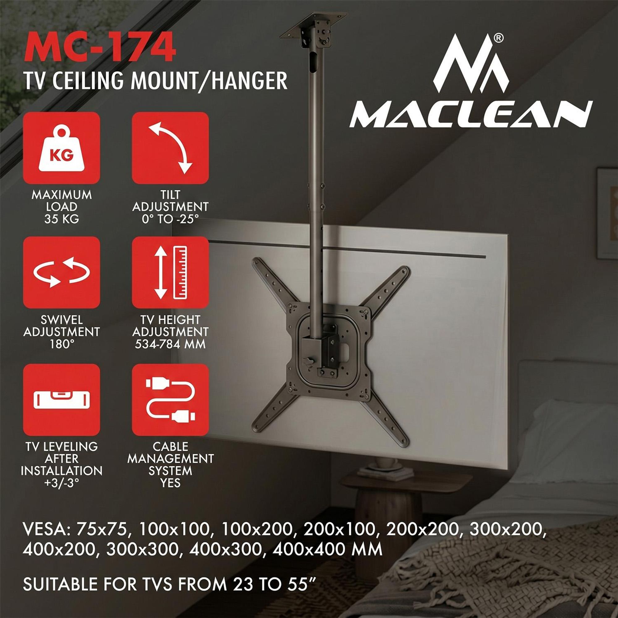 Maclean TV-Deckenhalterung max. Tragkraft 35 kg 23–55" max. VESA 400 × 400 MC-174