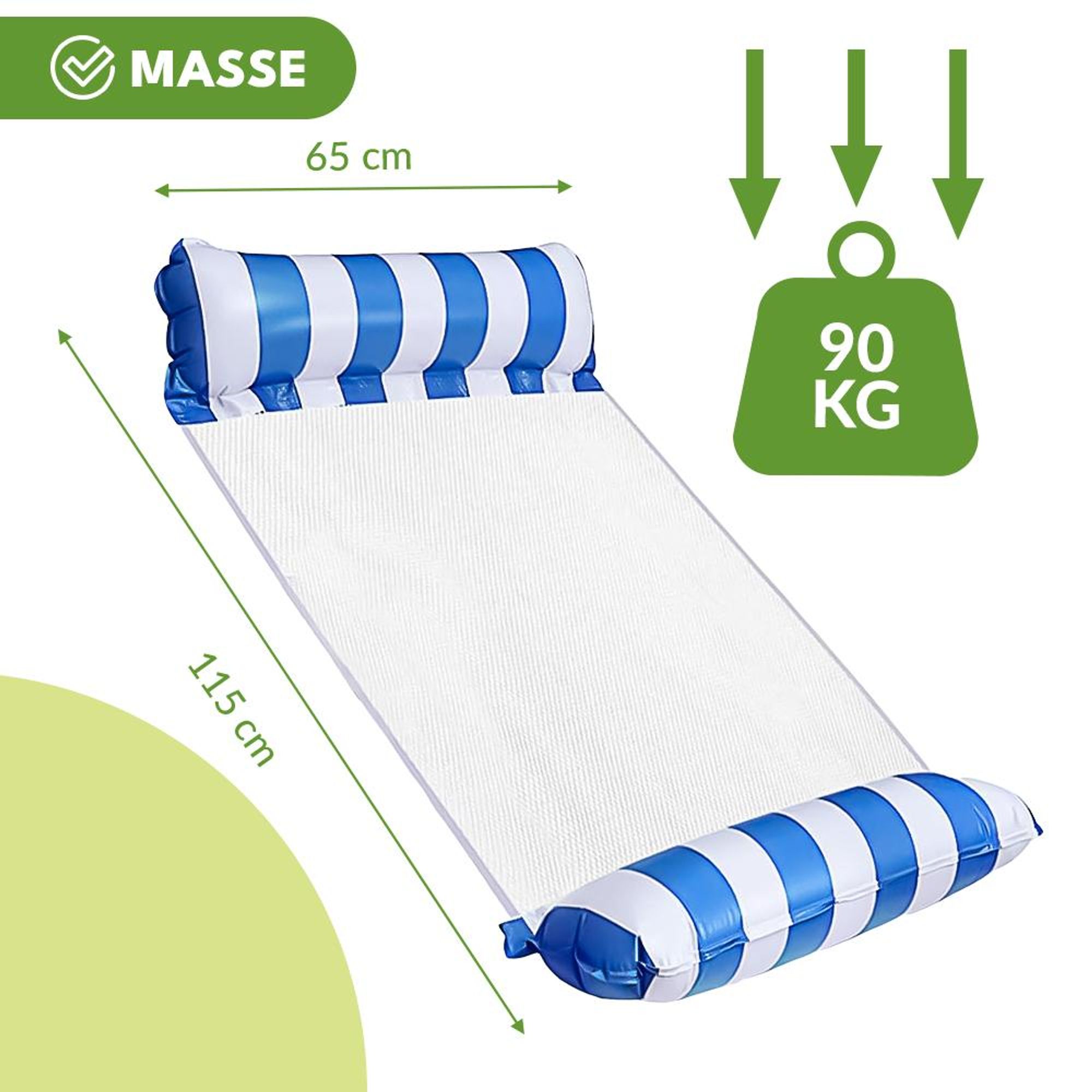 KRUMAD Wasserhängematte Aufblasbar 115x65 cm, Schwimmliege mit Netz und Kopfstütze, Pool Luftmatratze für Erwachsene, Strand & Meer, Blau-Weiß