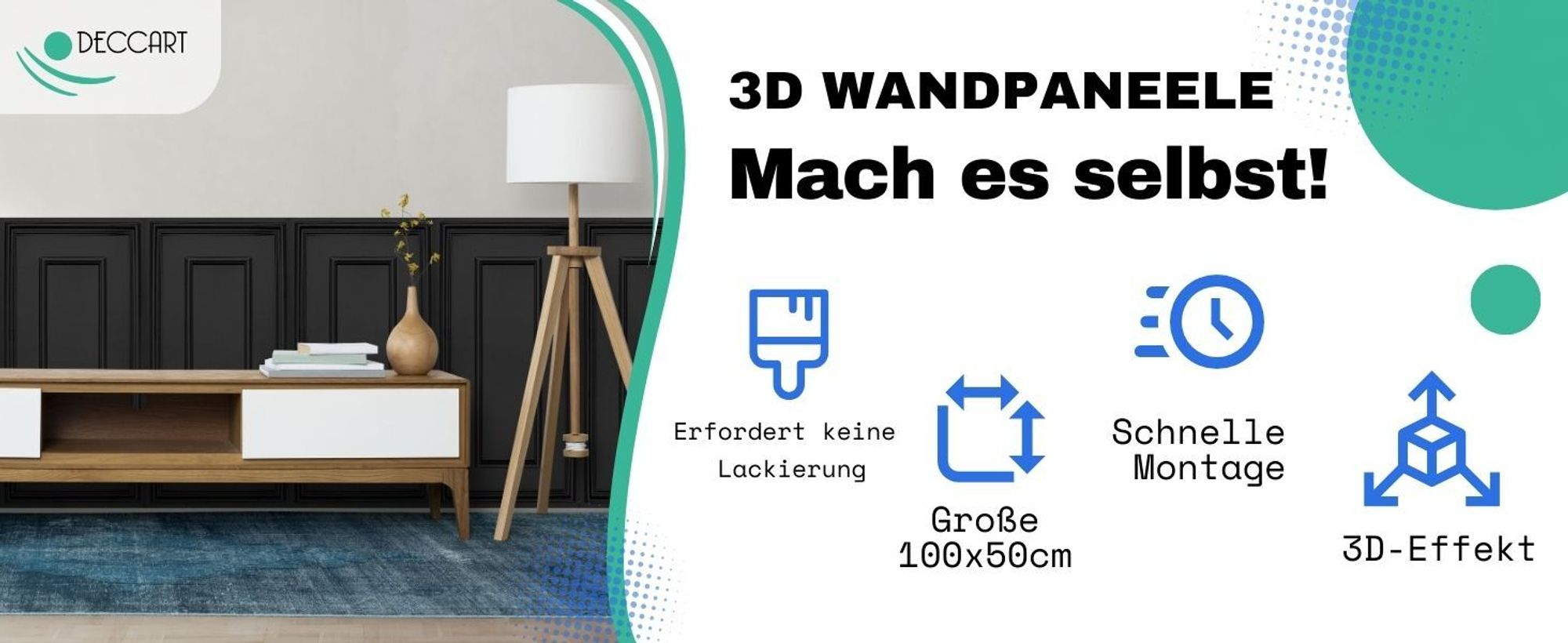 DECCART | 3D Wandpaneele Polystyrol Schwarz | Wandverkleidung für Wohnzimmer und Schlafzimmer | Dekorative Paneele | Set 4 x 100x50 cm |  2 m²
