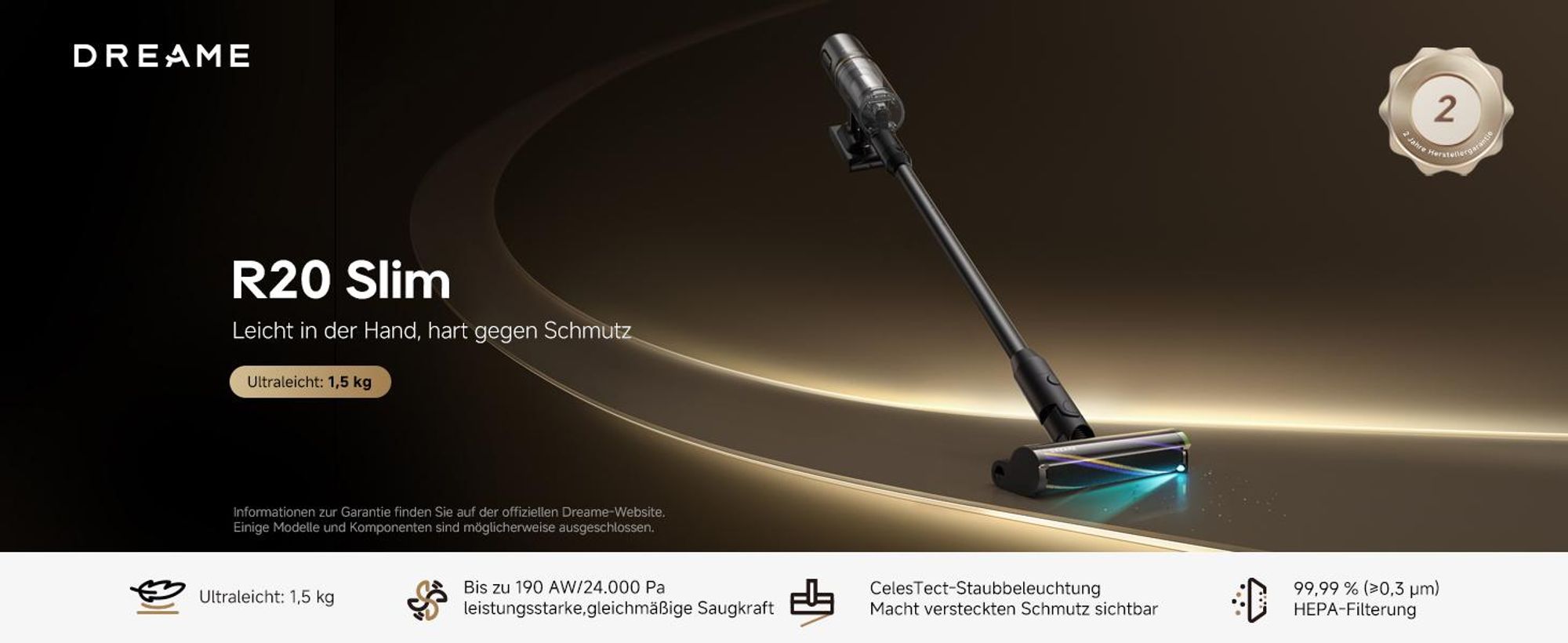 Dreame R20 Slim Kabelloser Akku Handstaubsauger,24.000Pa&190AW Saugkraft,Staubbeleuchtung,HEPA-Filterung,Anti-Verfilzungsbürste,Teppichreinigung,90Min