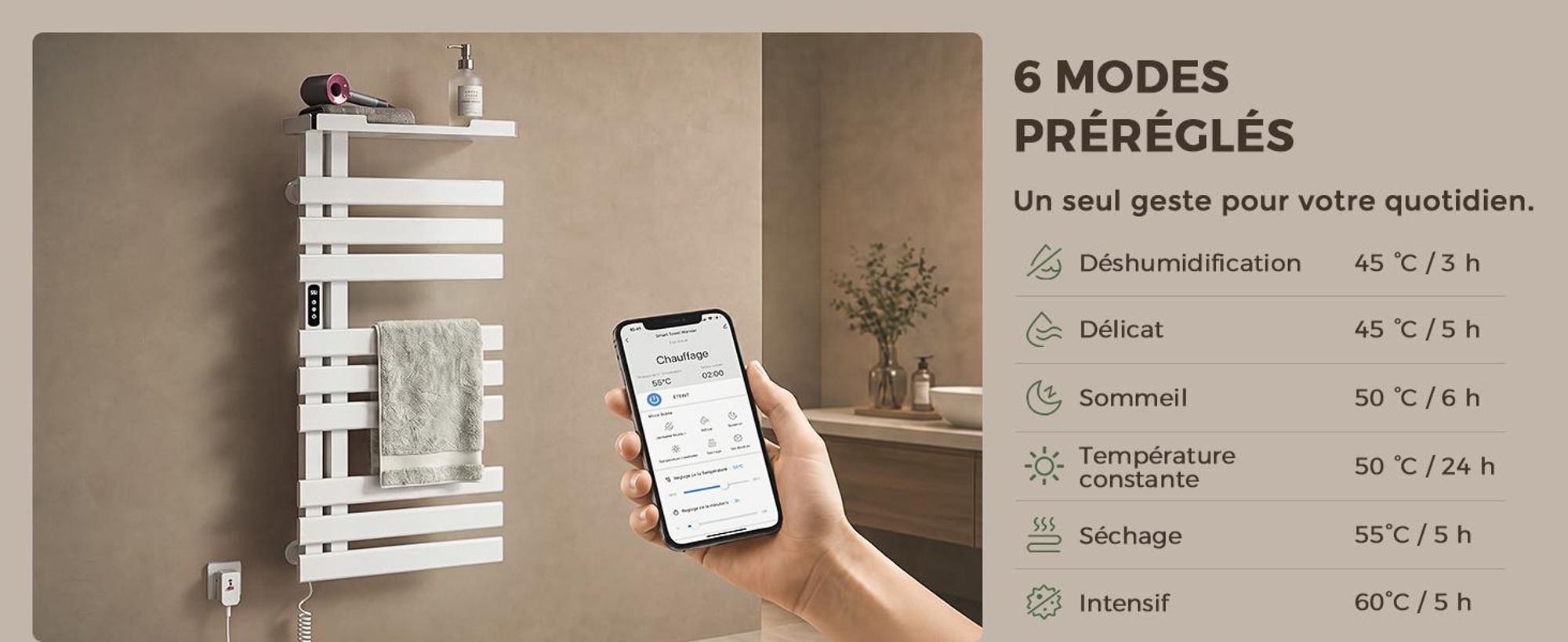 S'AFIELINA Sèche-serviettes électrique avec étagère 1050×500 mm 335 W Blanc,Radiateur sèche-serviettes connecté WiFi, chauffage en fibre de carbone