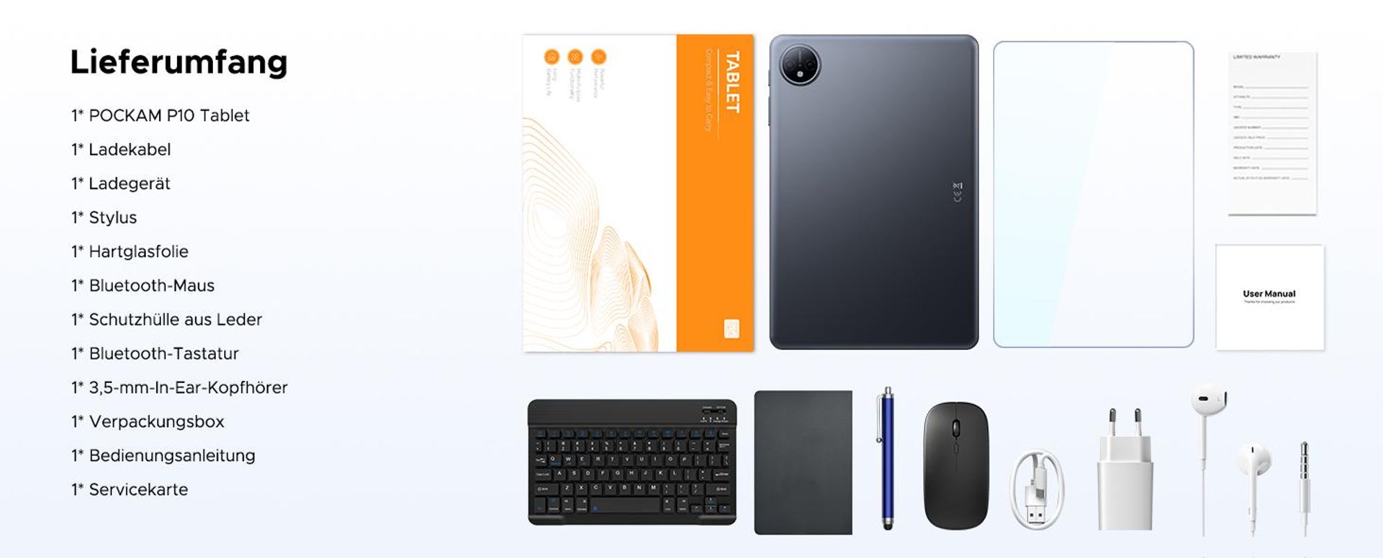 POCKAM P10 48(8+40)GB+128GB, 10 Zoll, Android 16, 7000mAh, mit Tastatur/Maus/Stift/Hülle usw, BT5.0, 5G WiFi, Gemini AI, 3.5mm Kopfhöreranschluss