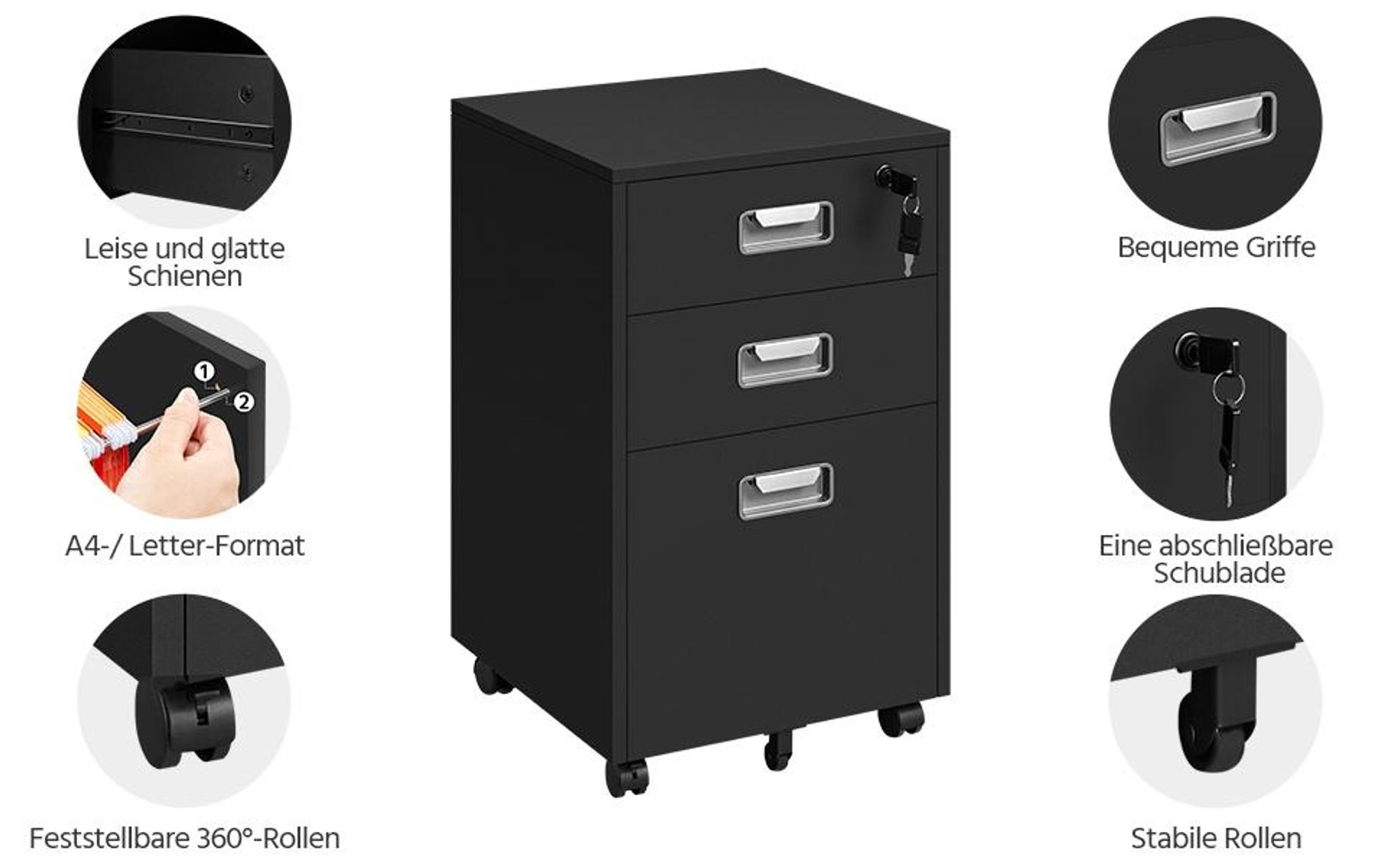 Yaheetech Mobiler Aktenschrank Rollcontainer mit 3 Schubladen und Hängeregistratur Büroschrank, Schwarz