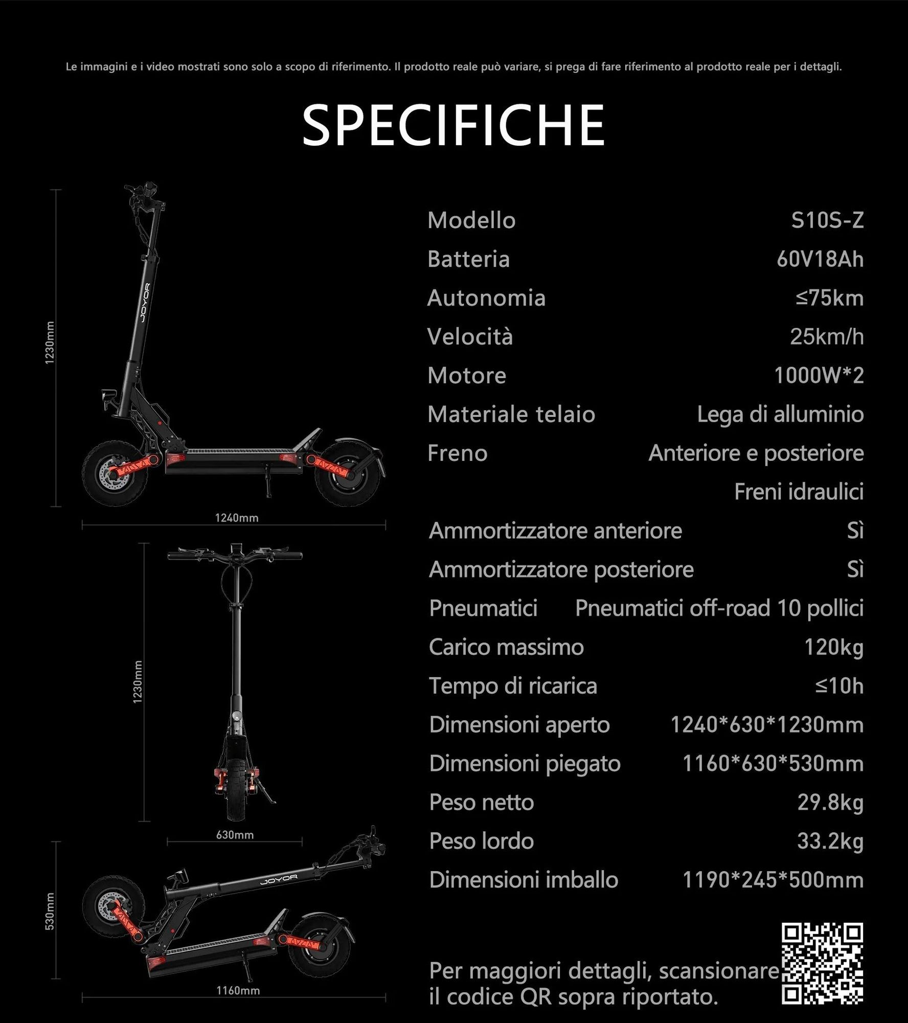 Scooter Elettrico JOYOR S10-S-Z 2025 - 2x1000W Batteria 60V18AH Pieghevole con Display a Colori e Frecce - Nero