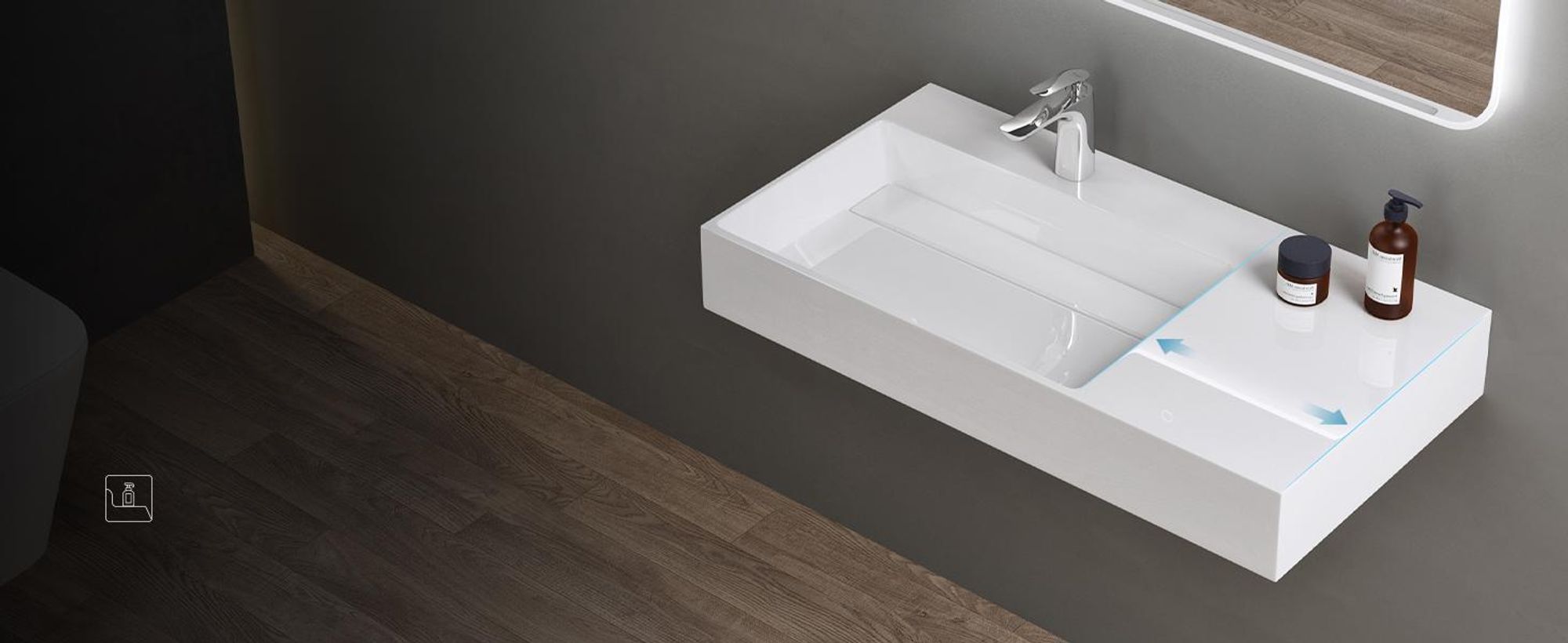 doporro Design Waschbecken 90x48x13 cm mit verstecktem Ablauf in weiß aus Mineralguss als Aufsatzwaschbecken und Hängewaschbecken geeignet col12-R