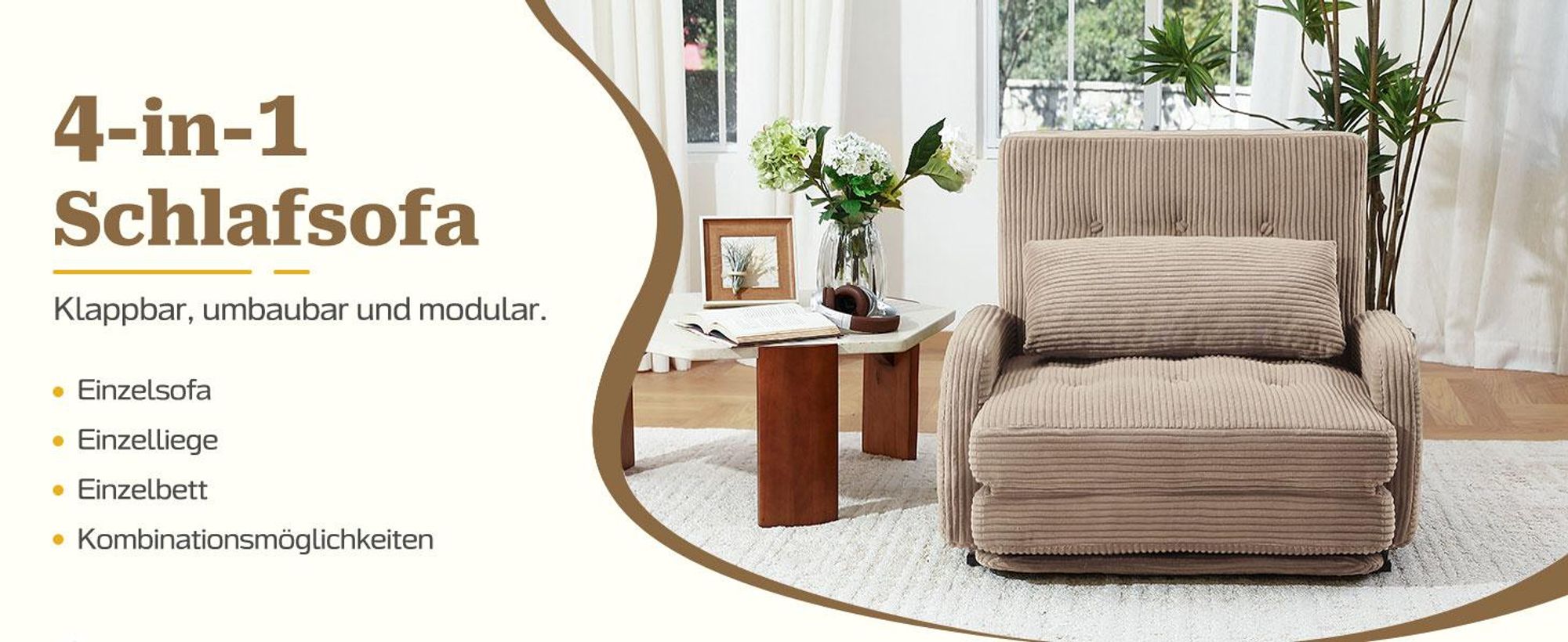 Faltbares 4-in-1 Sofa Bett, Klappbares Schlafsofa & Gästebett, Relaxsessel mit Schlaffunktion, Sitzsack Alternative für Wohnzimmer, Schlafzimmer Khaki