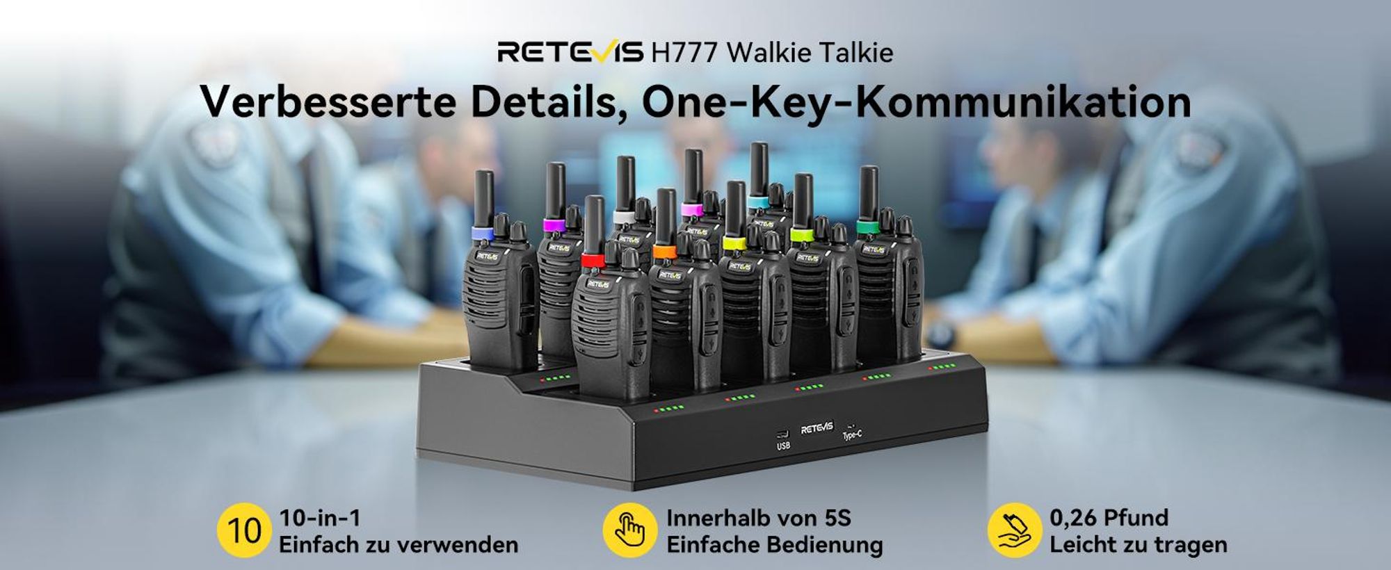 Retevis H777 Funkgeräte, PMR446 Funkgeräte Set Professionell, mit 10-Fach Ladegerät, mit Headset, USB-C, Handfunkgerät für Gewerbe Sicherheit Schule