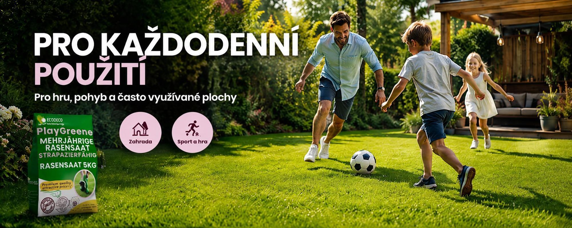 EcoDeco travní semena univerzální, odolná vůči sešlapu, samohustící směs 5 kg pro zahradu a sportovní trávníky