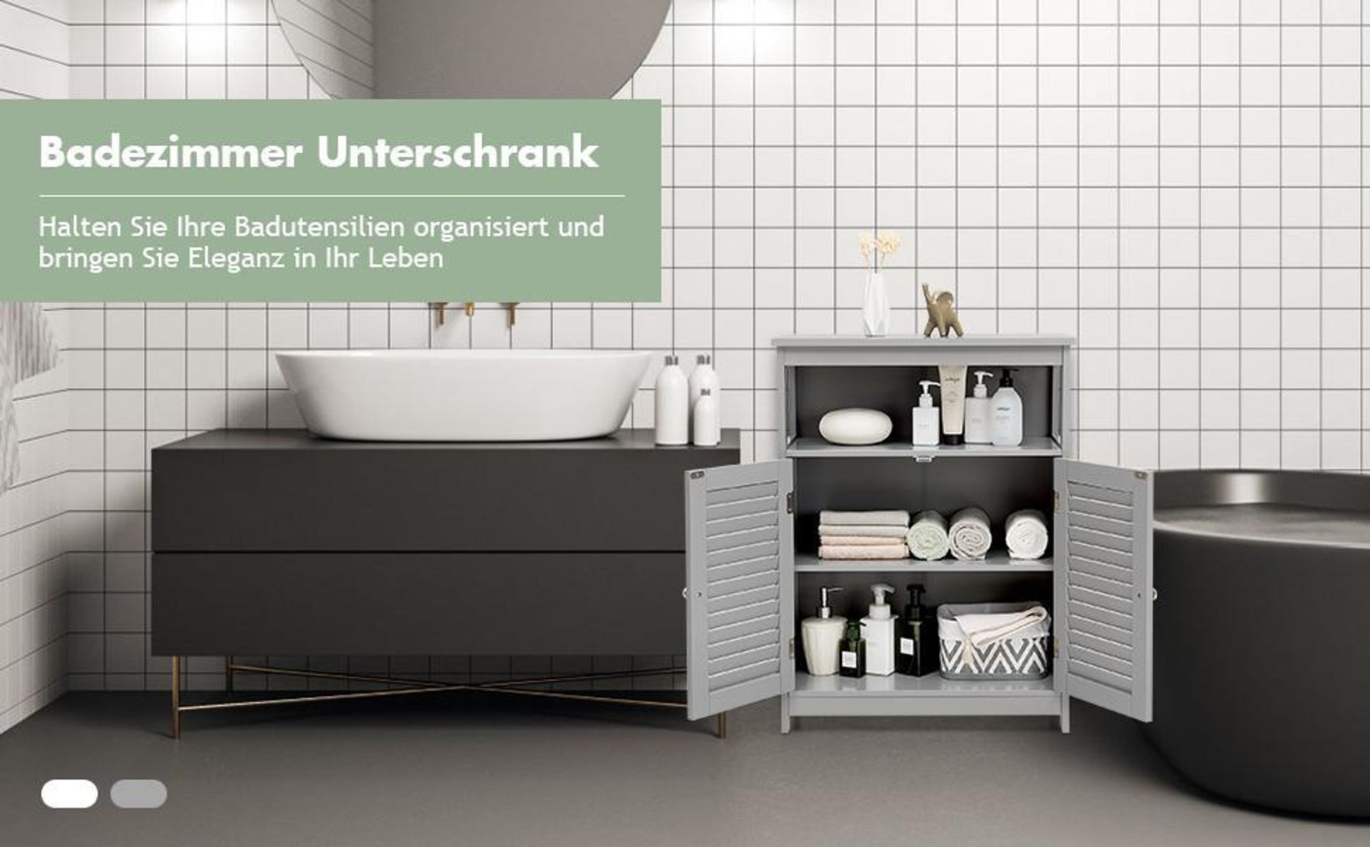 COSTWAY Badezimmer Schrank Aufbewahrungsschrank mit 2 Rollladentüren für Bad Küche Wohnzimmer Grau