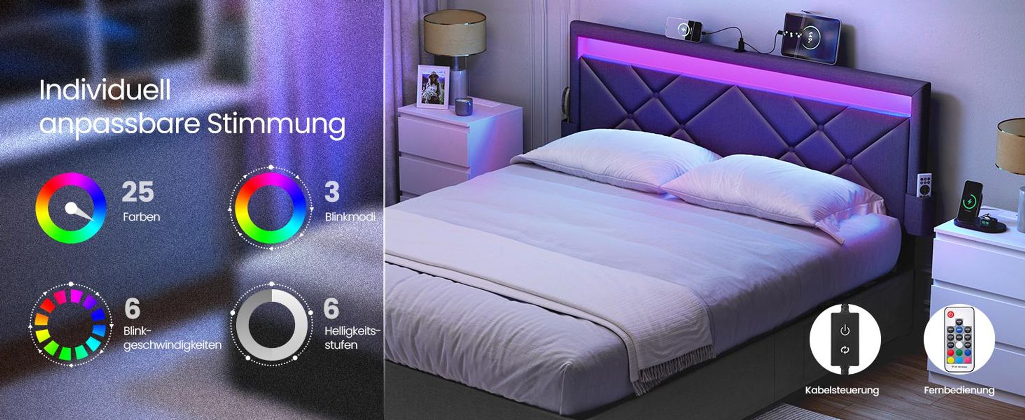 VASAGLE Doppelbettgestell, Bettgestell, 180 x 200 cm, LED, Metallbett, 4 Schubladen, Ladestation, verstellbares gepolstertes Kopfteil, Schiefergrau