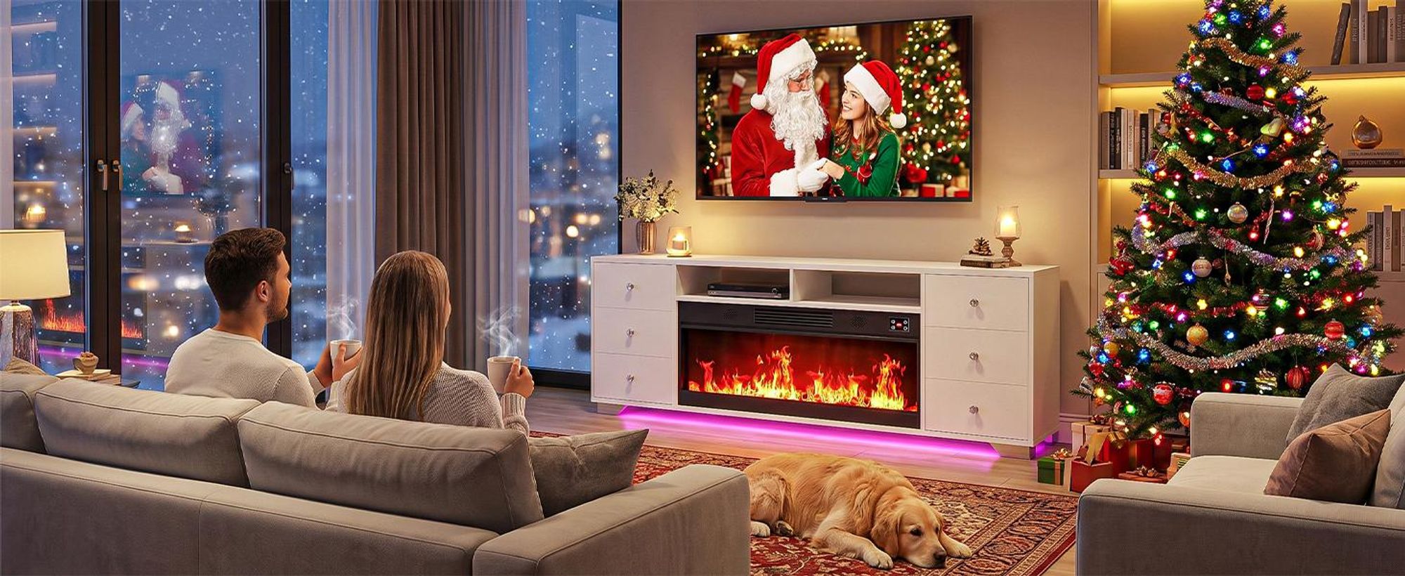 VANITII TV-Schrank mit kamin，TV-Lowboard mit farbwechselndem LED-Beleuchtung 6 Schubladen Weiβ 180 x 40 x 65 cm