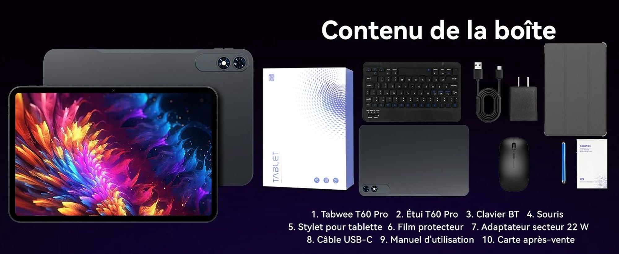 Tablette Android 16 T60Pro de 13,4", 24GB(8+16)+256GB/2TB TF, batterie de 10000 mAh, écran 2K InCell/120Hz/5G WiFi, livrée avec une coque, une souris, un clavier, et un casque filaire