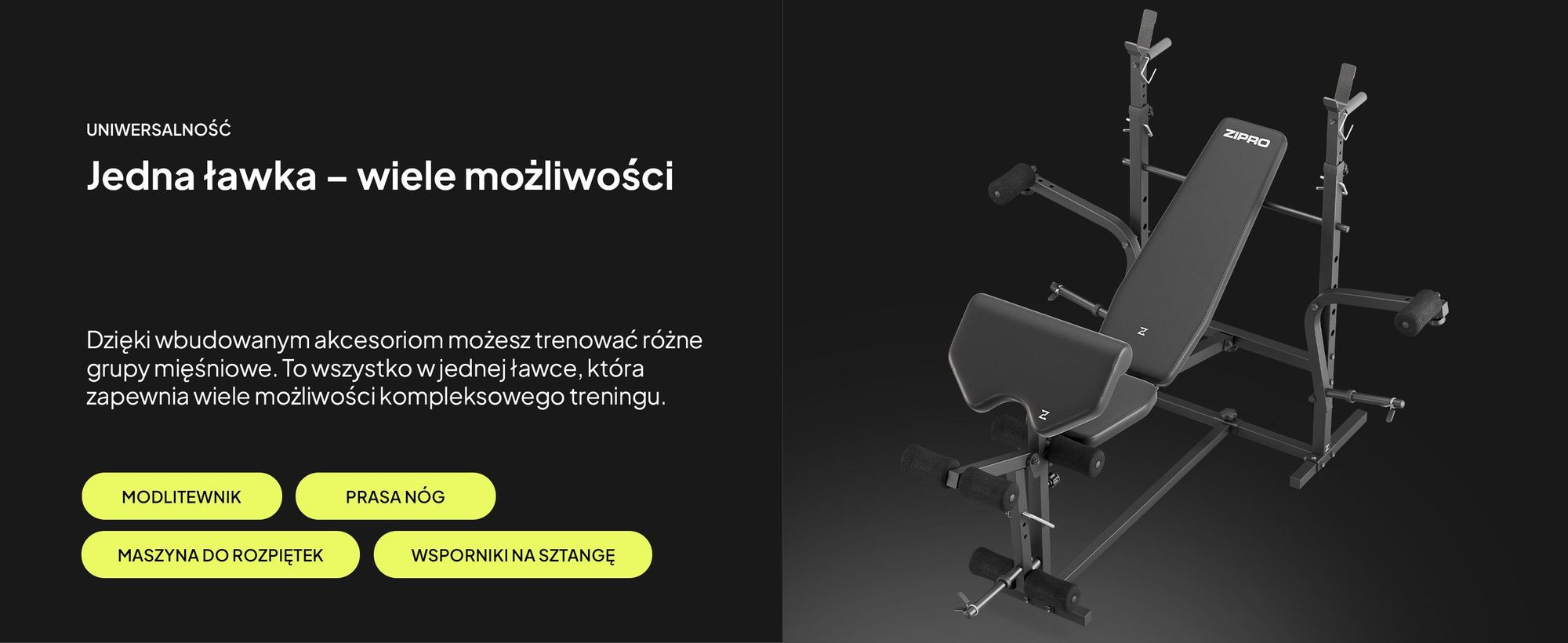Wielofunkcyjna ławka do ćwiczeń z hantlami Zipro Ripped – stacja treningowa z urządzeniem do ćwiczeń nóg typu butterfly, w tym pulpit do ćwiczeń z hantlami i stacja do dipów. Regulowana ławka skośna z półką na hantle.