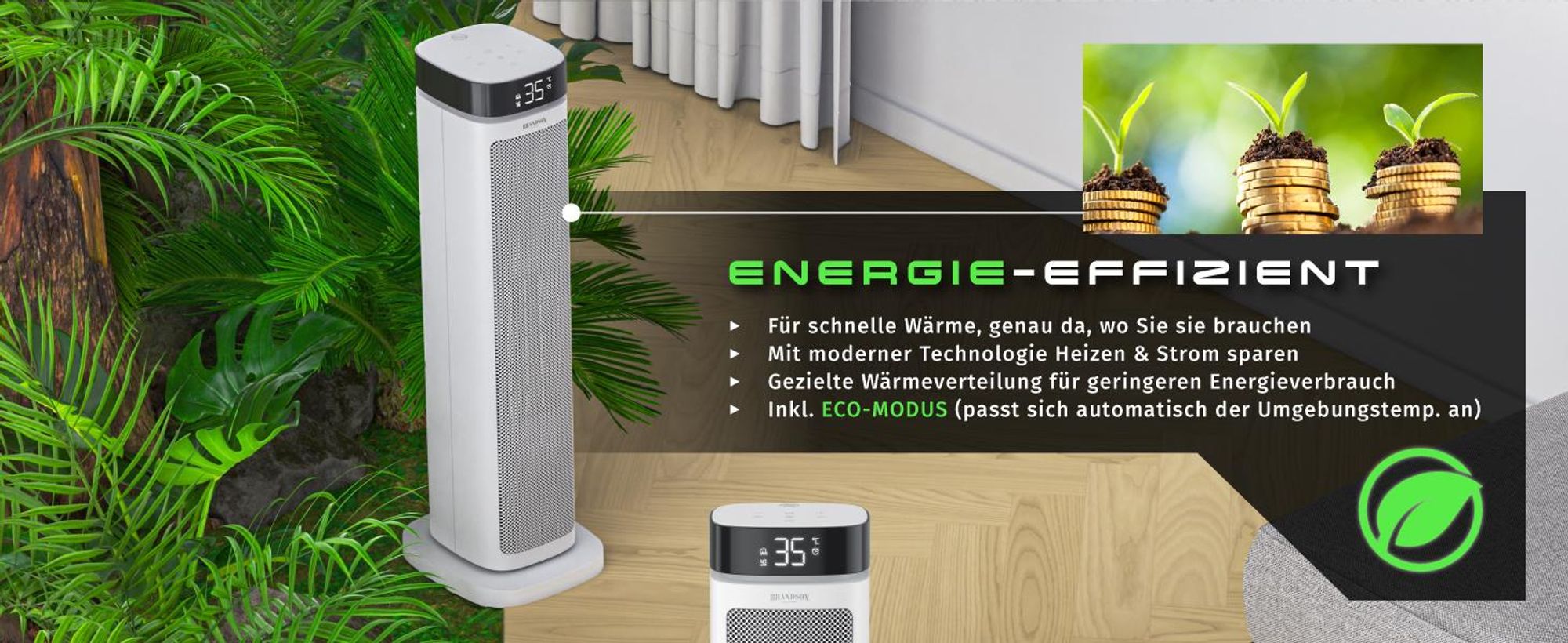 Brandson Keramik Heizlüfter 2000 W mit PTC-Technik, energieeffizient mit ECO-Modus