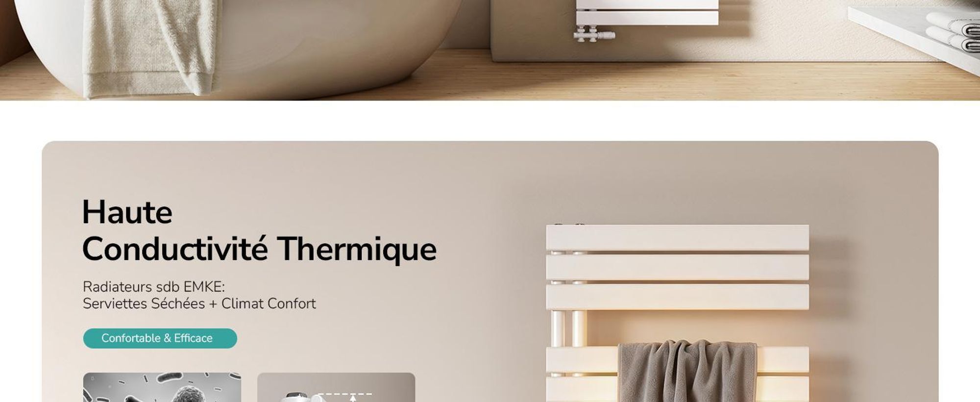 EMKE Séchoir à serviettes Radiateur de salle de bain Radiateur à panneaux Raccordement latéral Montage mural Eau chaude 1320 x 400 mm Blanc sans thermoplongeur