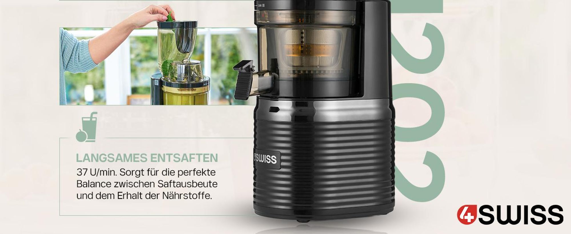 4Swiss Entsafter | Slow Juicer BM202 | Entsafter, Saftpresse, Kaltpressung | 40 U/Min, Ultem-Schnecke, XXL-Einfüllschacht, Leise, BPA-frei